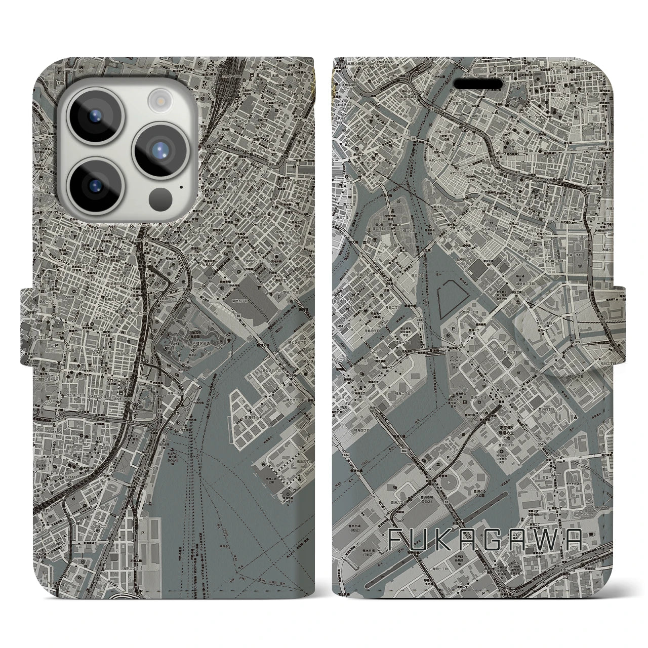 【深川(東京都)】地図柄iPhoneケース(手帳タイプ)モノトーン・iPhone 15 Pro 用