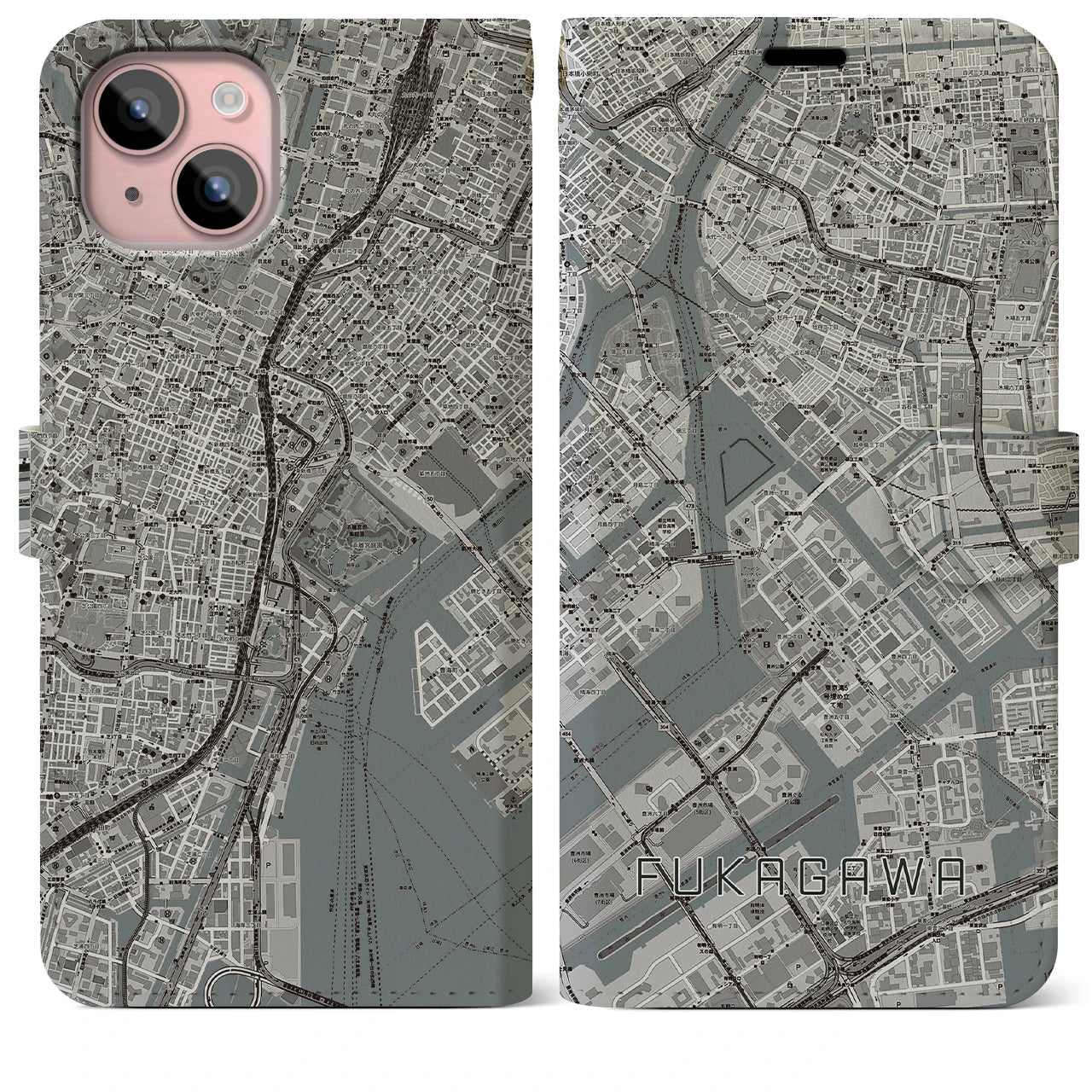 【深川(東京都)】地図柄iPhoneケース(手帳タイプ)モノトーン・iPhone 15 Plus 用