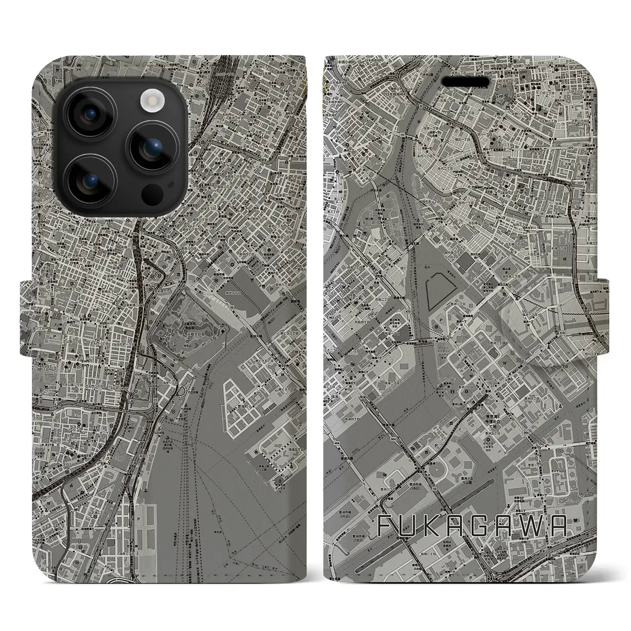 【深川(東京都)】地図柄iPhoneケース(手帳タイプ)モノトーン・iPhone 16 用