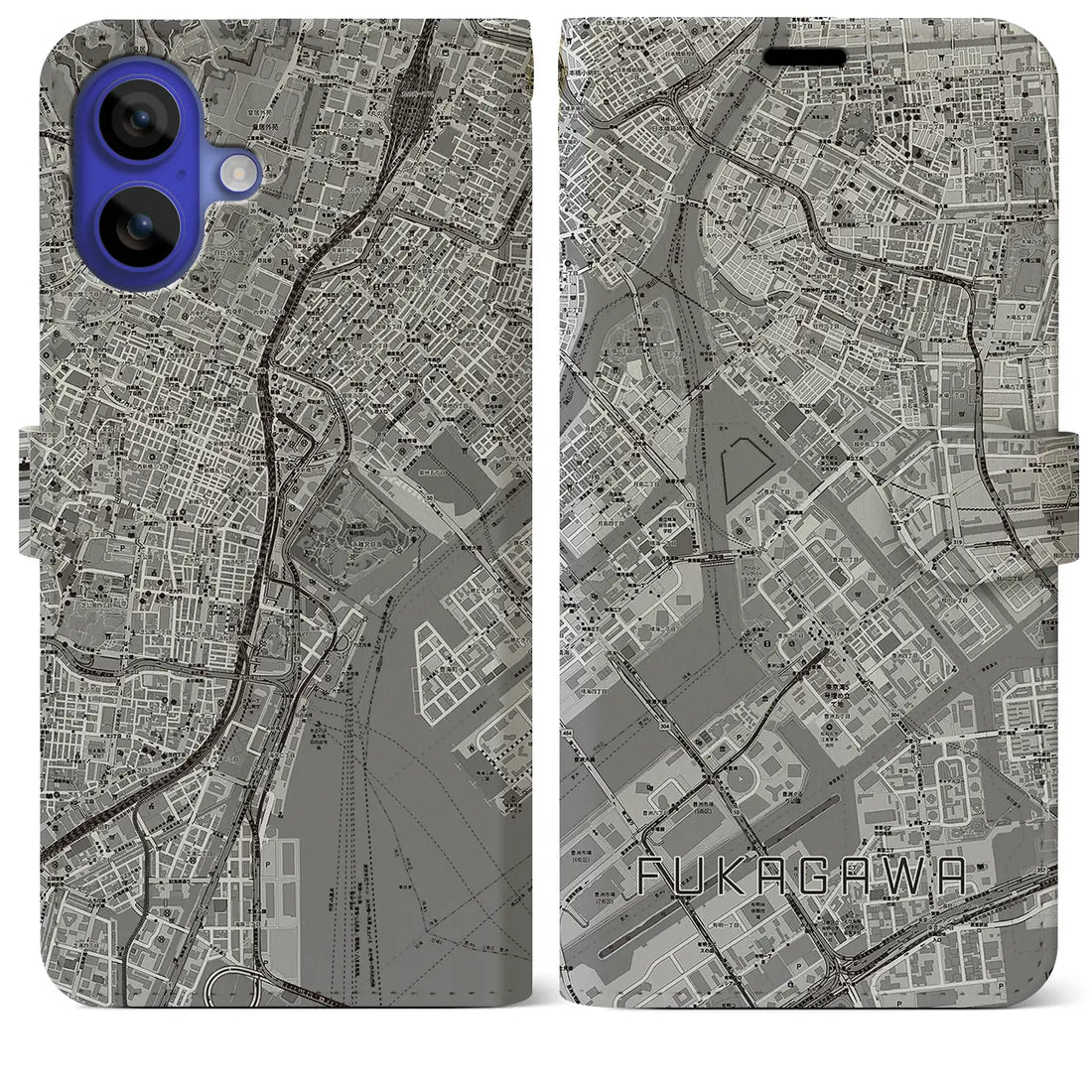 【深川(東京都)】地図柄iPhoneケース(手帳タイプ)モノトーン・iPhone 16 Pro Max 用