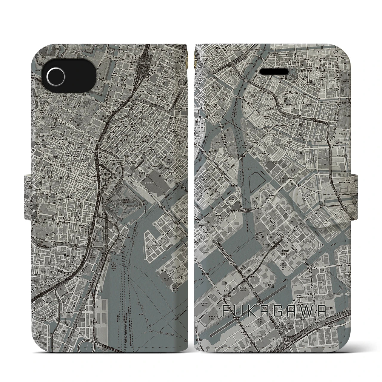 【深川(東京都)】地図柄iPhoneケース(手帳タイプ)モノトーン・iPhone SE(第3 / 第2世代) / 8 / 7 / 6s / 6 用