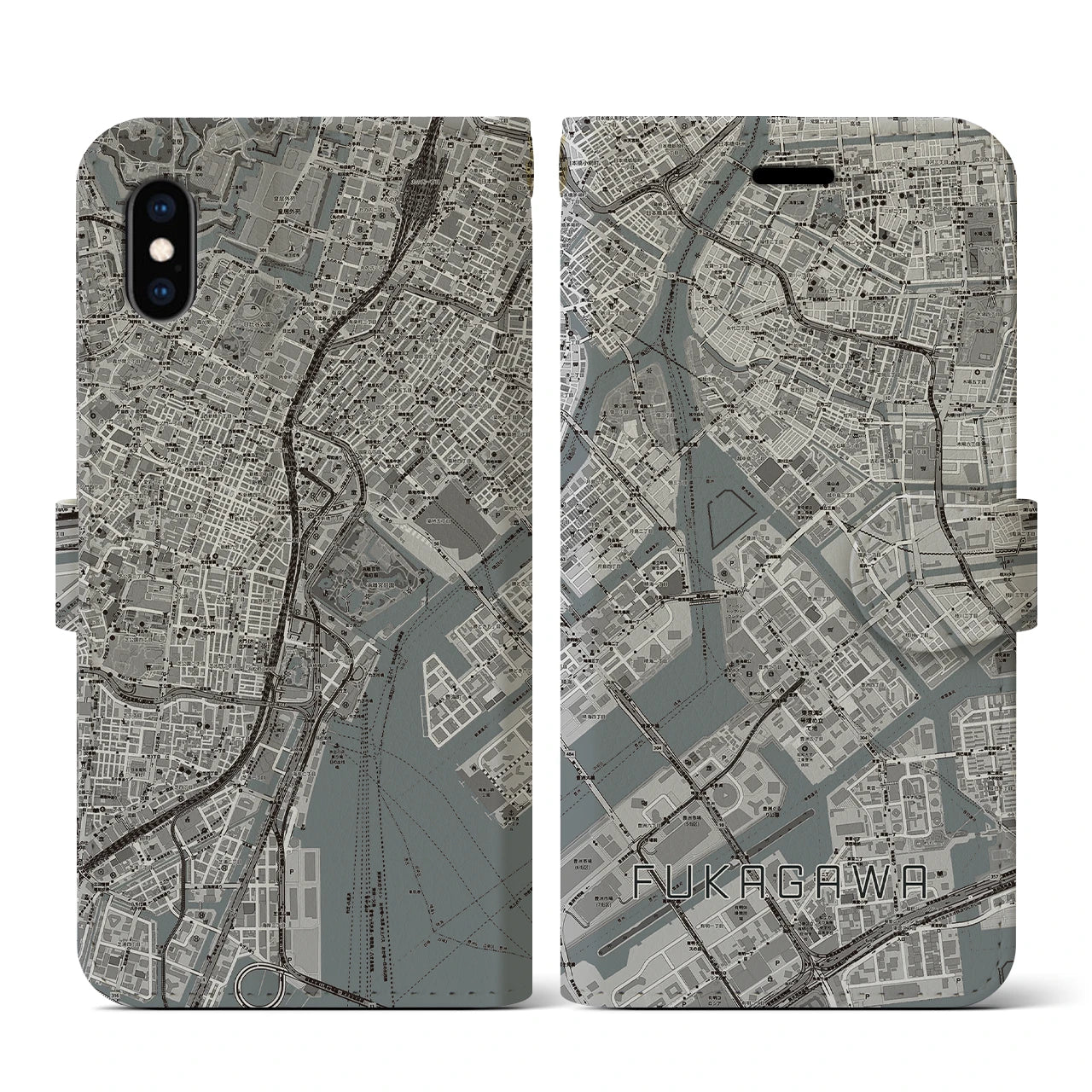 【深川(東京都)】地図柄iPhoneケース(手帳タイプ)モノトーン・iPhone XS / X 用