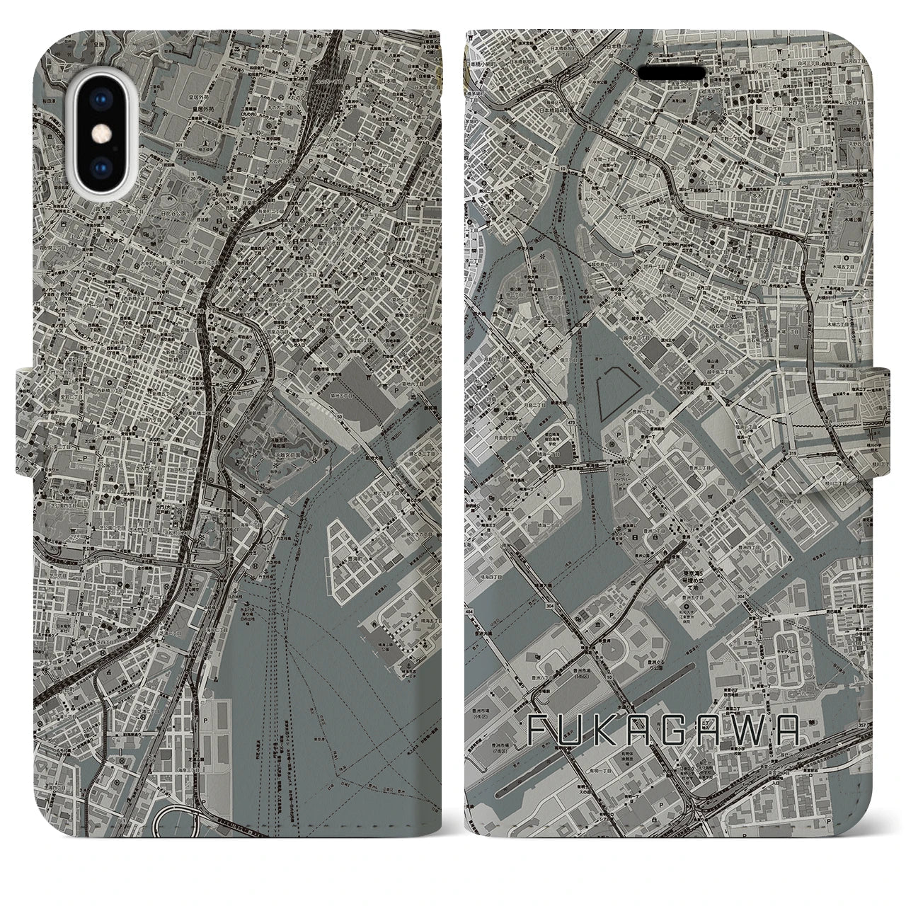 【深川(東京都)】地図柄iPhoneケース(手帳タイプ)モノトーン・iPhone XS Max 用