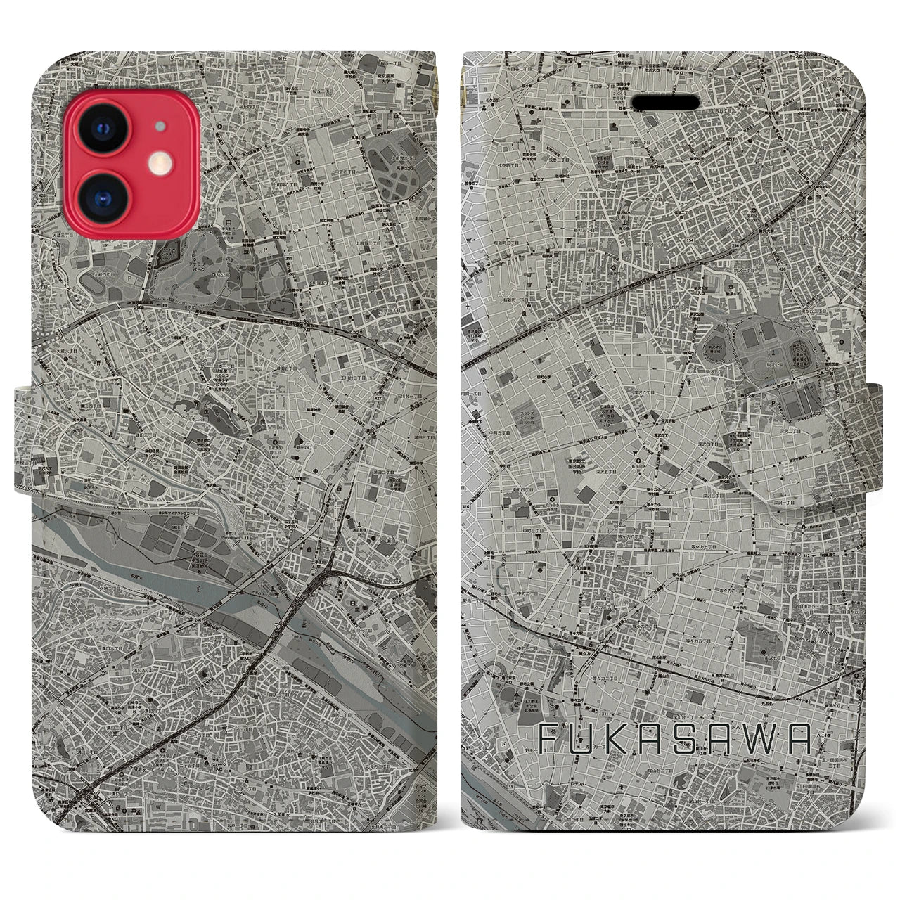 【深沢(東京都)】地図柄iPhoneケース(手帳タイプ)モノトーン・iPhone 11 用