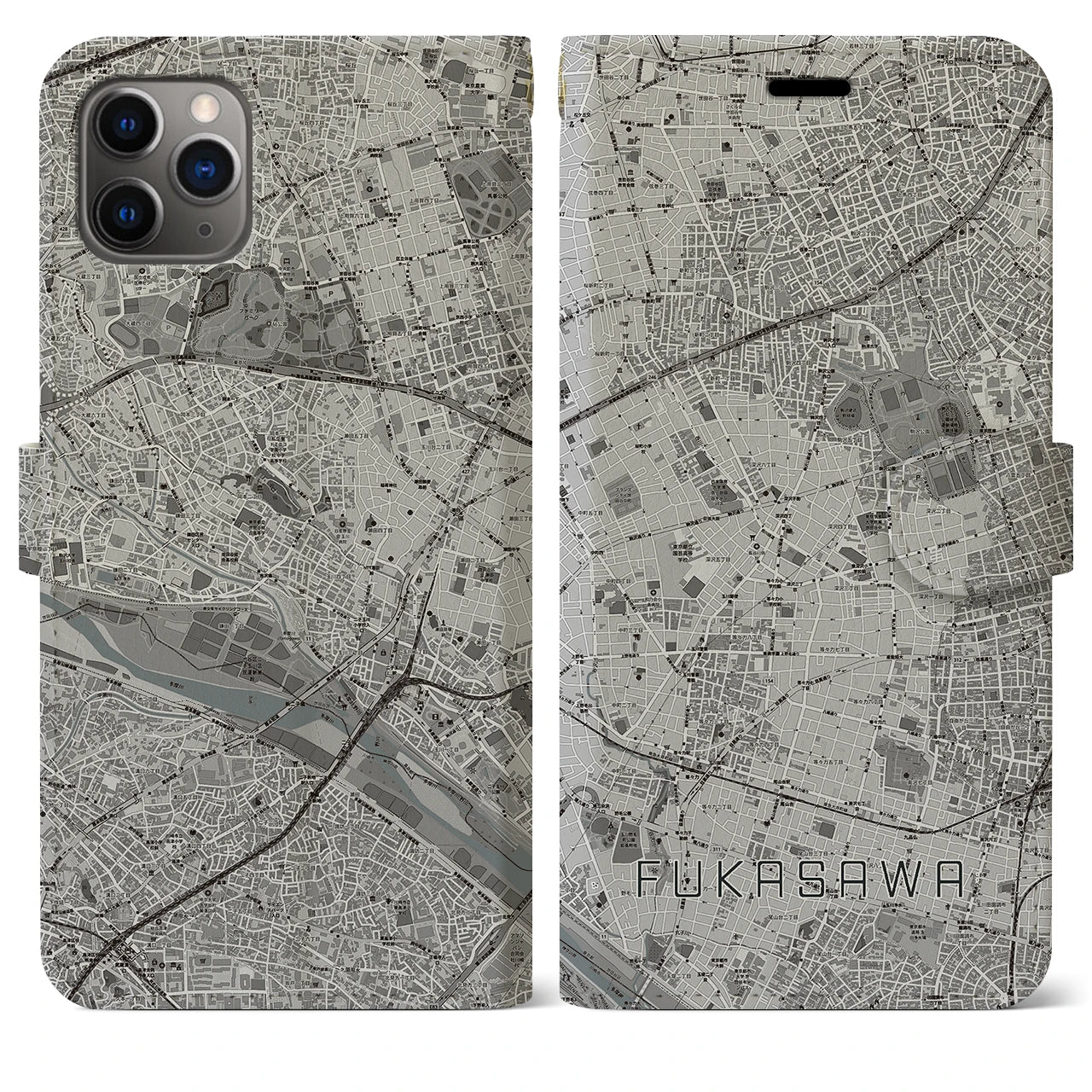 【深沢(東京都)】地図柄iPhoneケース(手帳タイプ)モノトーン・iPhone 11 Pro Max 用