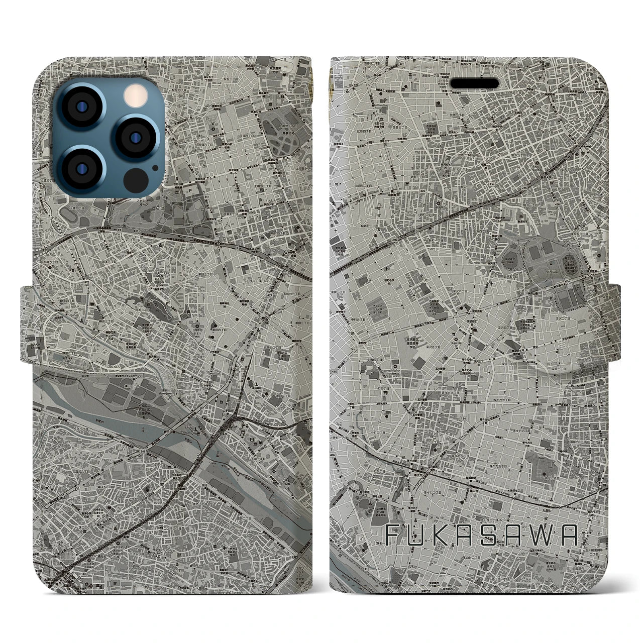 【深沢(東京都)】地図柄iPhoneケース(手帳タイプ)モノトーン・iPhone 12 / 12 Pro 用