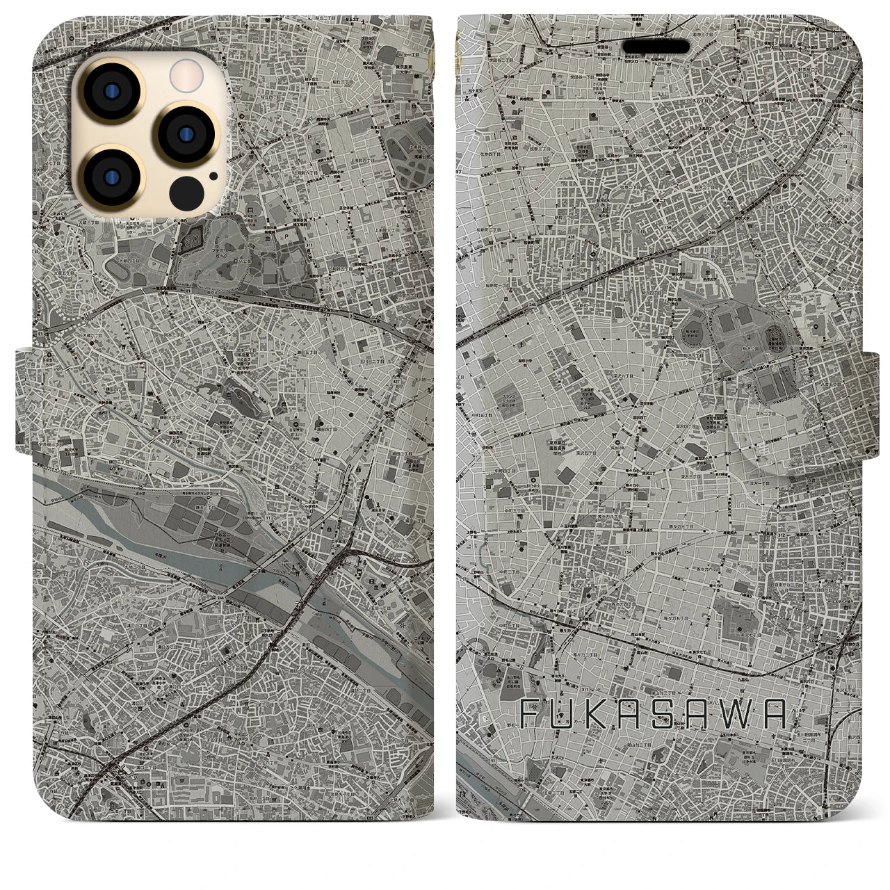 【深沢(東京都)】地図柄iPhoneケース(手帳タイプ)モノトーン・iPhone 12 Pro Max 用