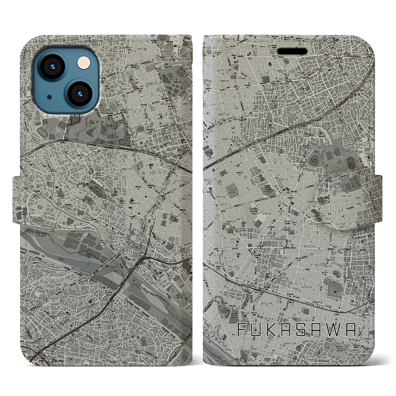 【深沢(東京都)】地図柄iPhoneケース(手帳タイプ)モノトーン・iPhone 13 用