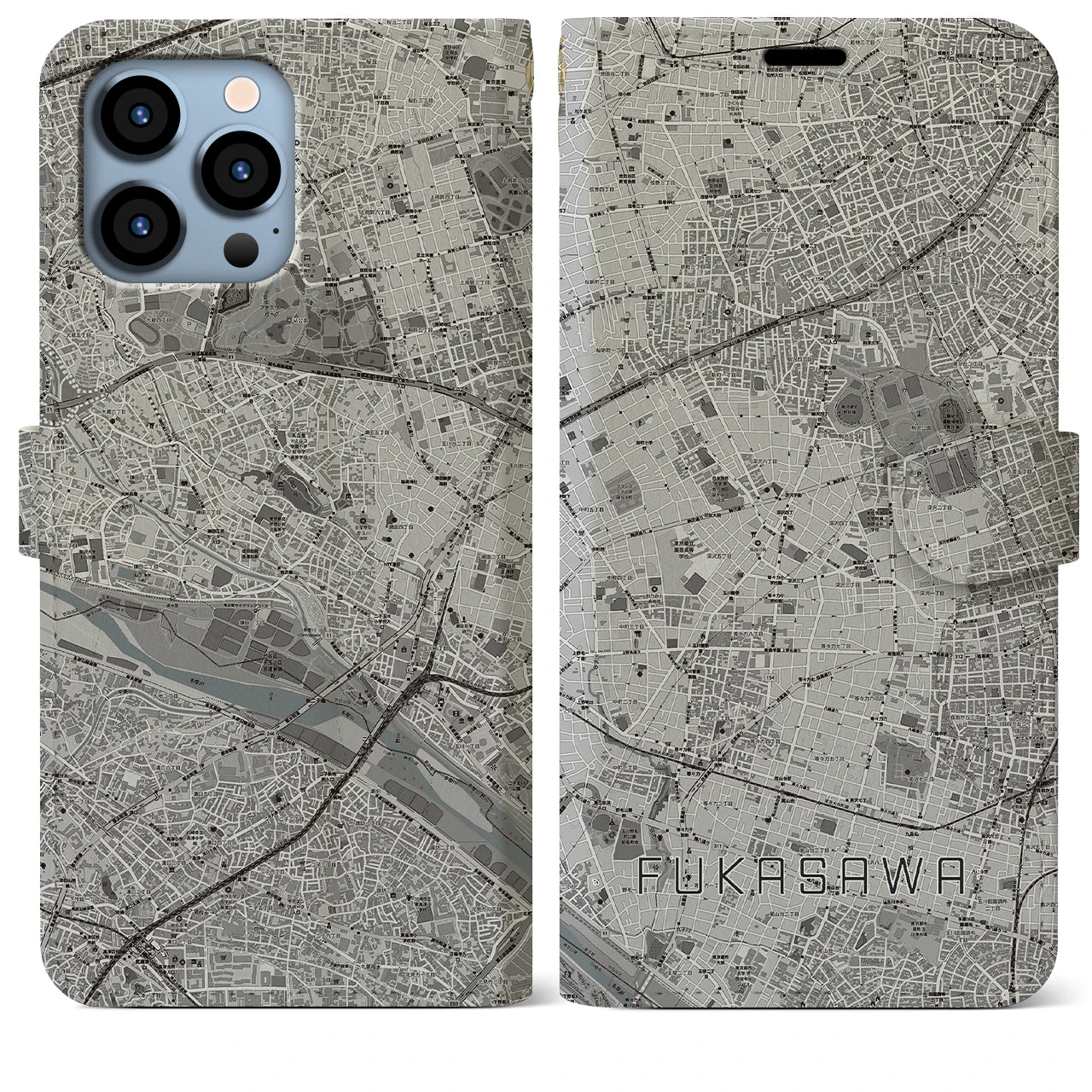 【深沢(東京都)】地図柄iPhoneケース(手帳タイプ)モノトーン・iPhone 13 Pro Max 用