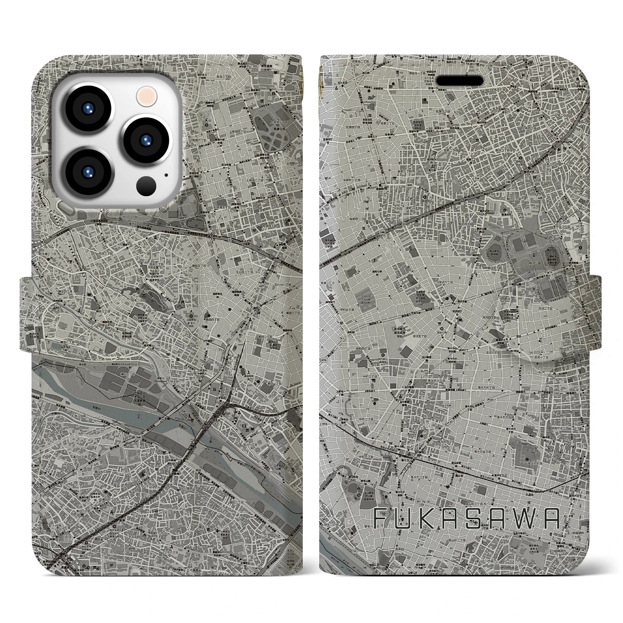 【深沢(東京都)】地図柄iPhoneケース(手帳タイプ)モノトーン・iPhone 13 Pro 用
