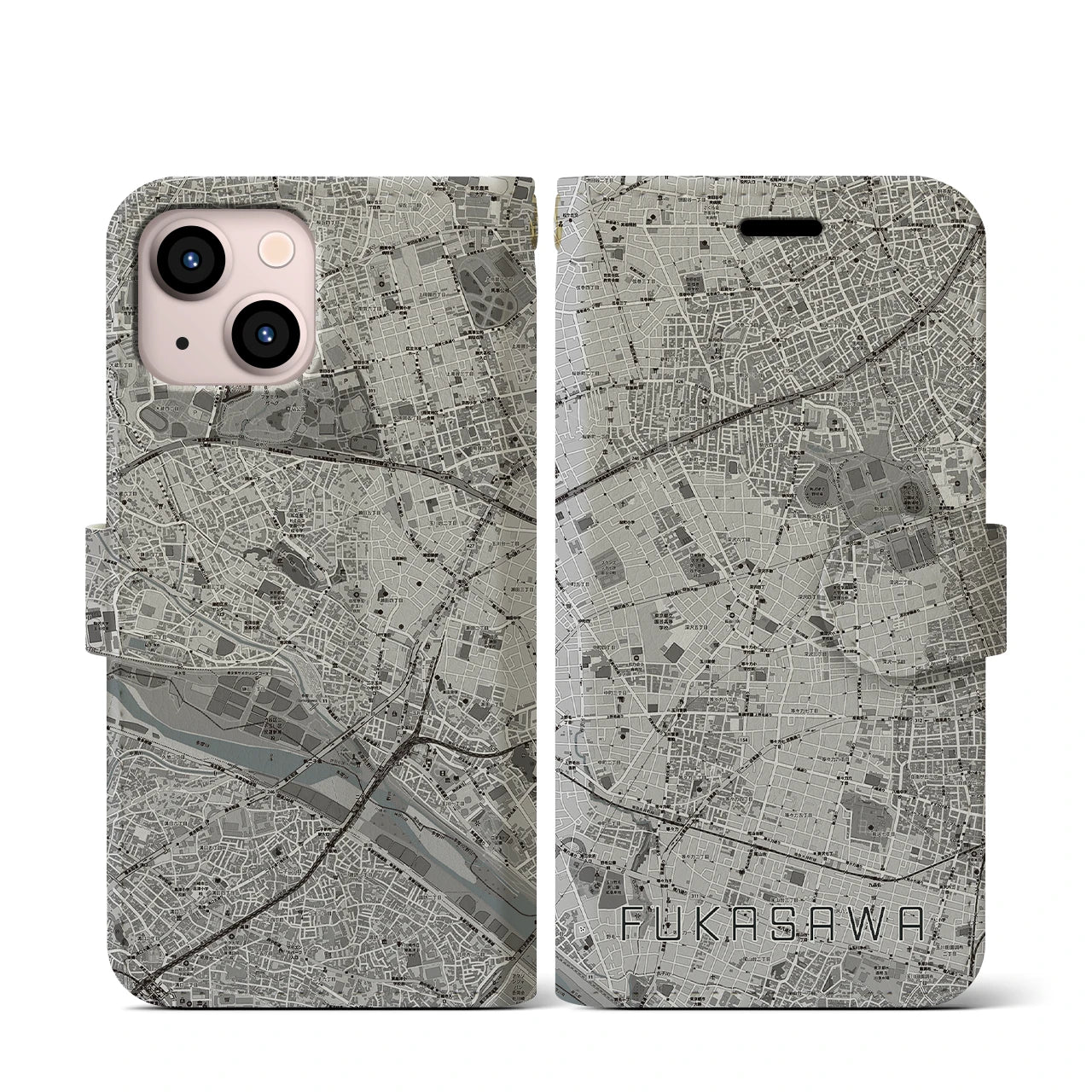 【深沢(東京都)】地図柄iPhoneケース(手帳タイプ)モノトーン・iPhone 13 mini 用