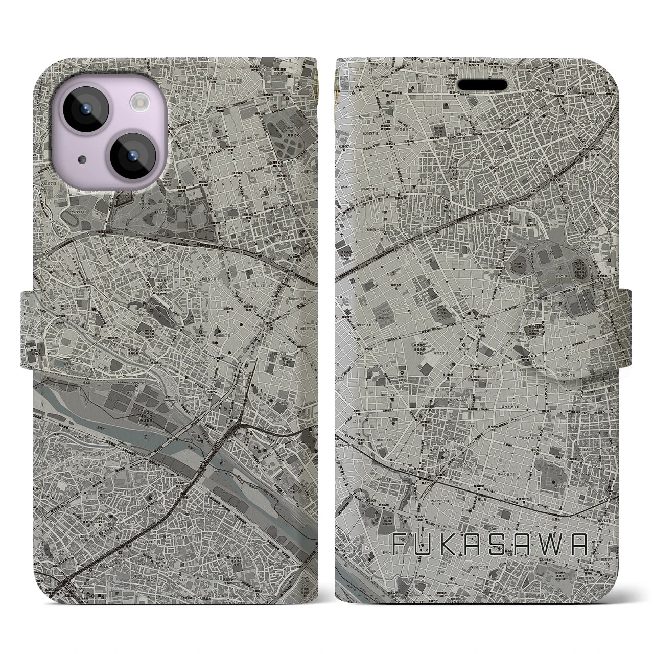【深沢(東京都)】地図柄iPhoneケース(手帳タイプ)モノトーン・iPhone 14 用