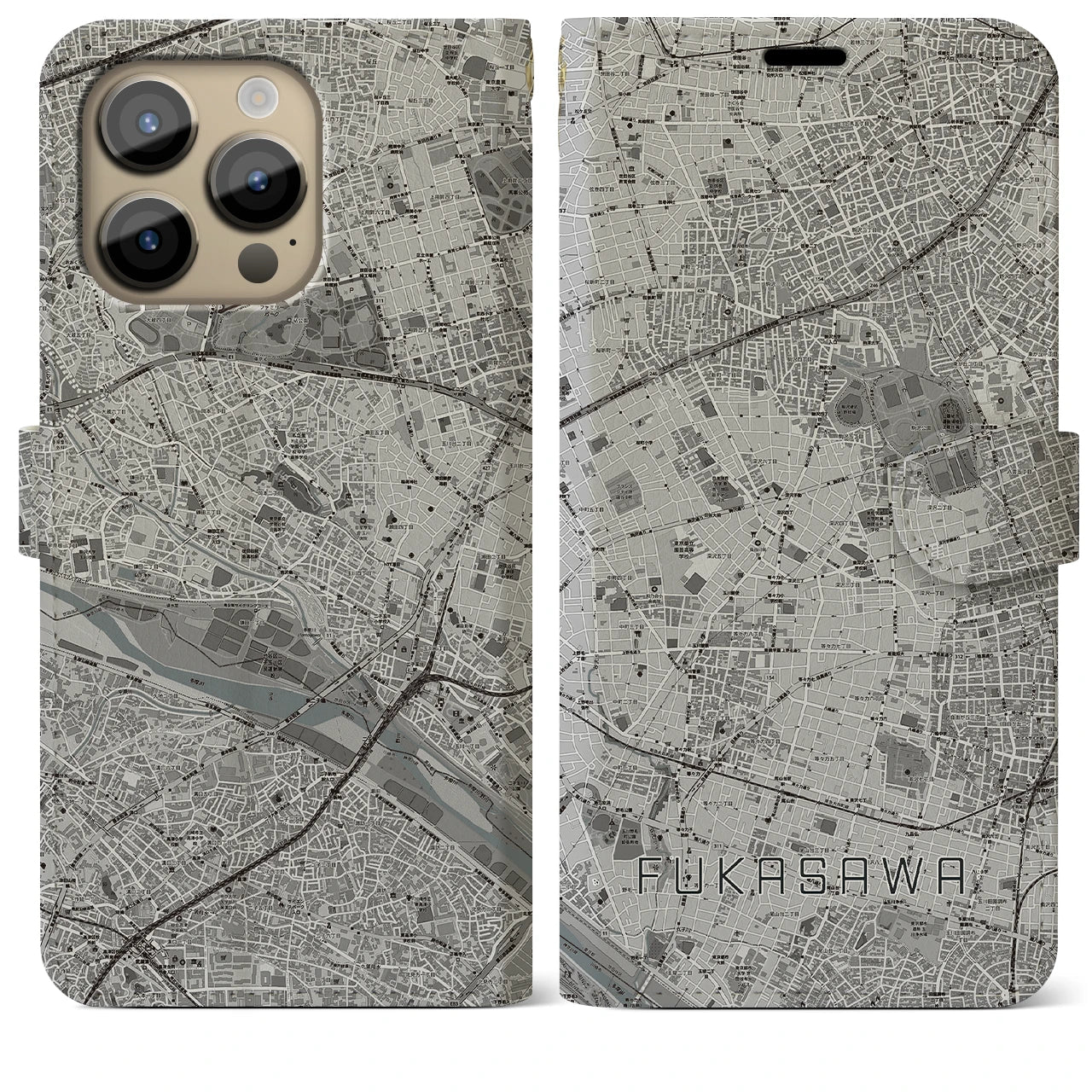 【深沢(東京都)】地図柄iPhoneケース(手帳タイプ)モノトーン・iPhone 14 Pro Max 用