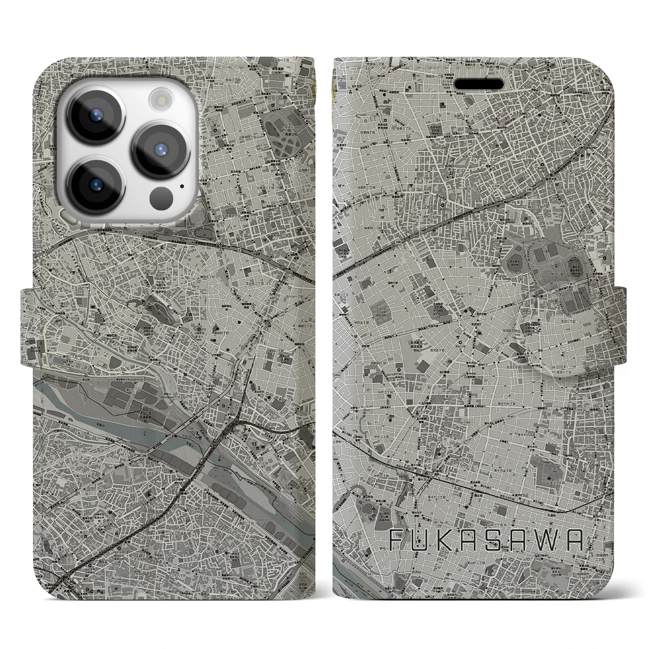 【深沢(東京都)】地図柄iPhoneケース(手帳タイプ)モノトーン・iPhone 14 Pro 用