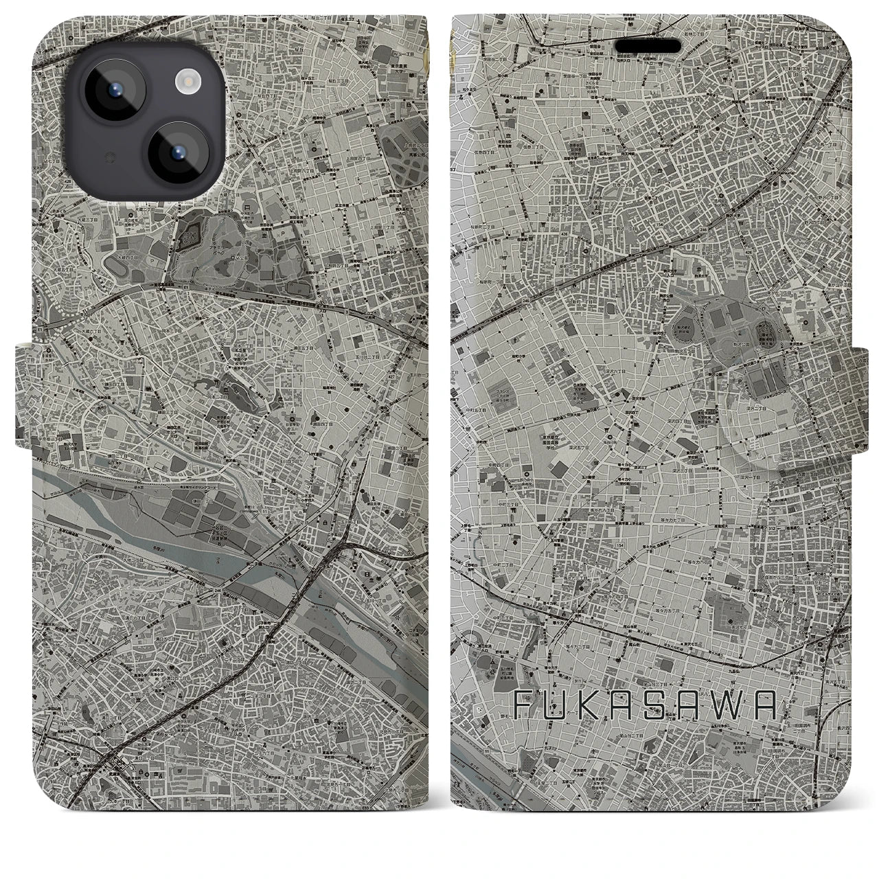 【深沢(東京都)】地図柄iPhoneケース(手帳タイプ)モノトーン・iPhone 14 Plus 用