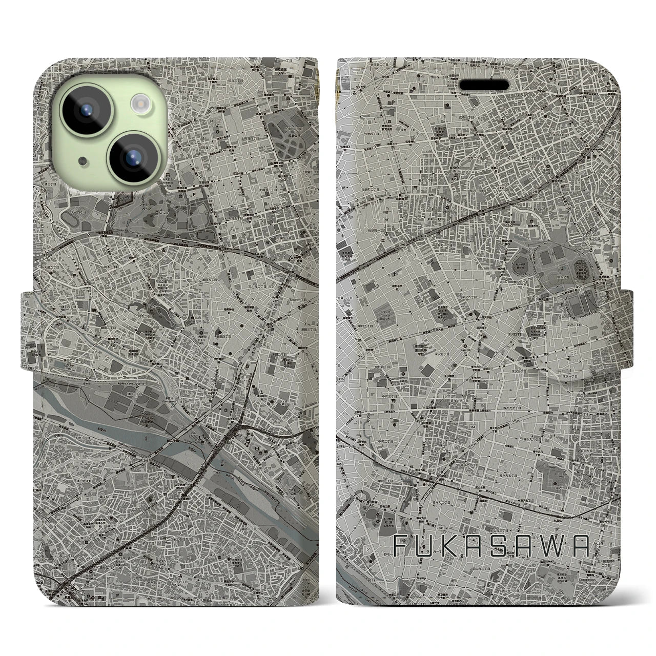 【深沢(東京都)】地図柄iPhoneケース(手帳タイプ)モノトーン・iPhone 15 用