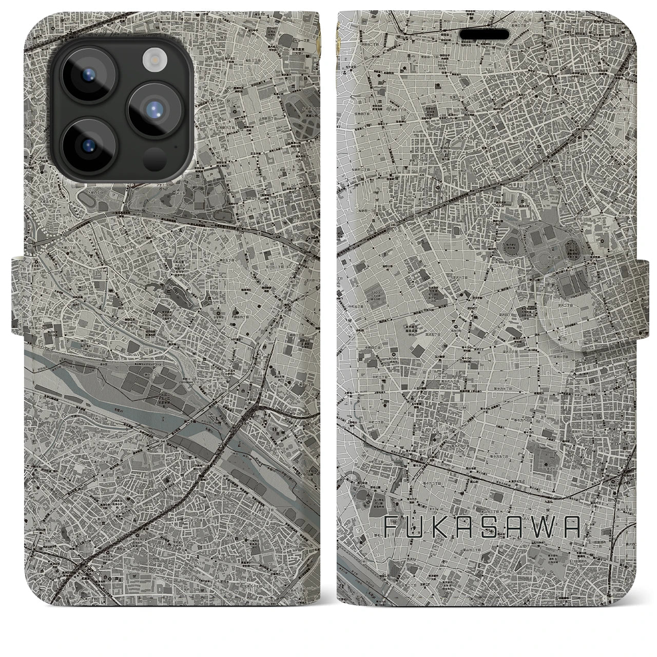 【深沢(東京都)】地図柄iPhoneケース(手帳タイプ)モノトーン・iPhone 15 Pro Max 用