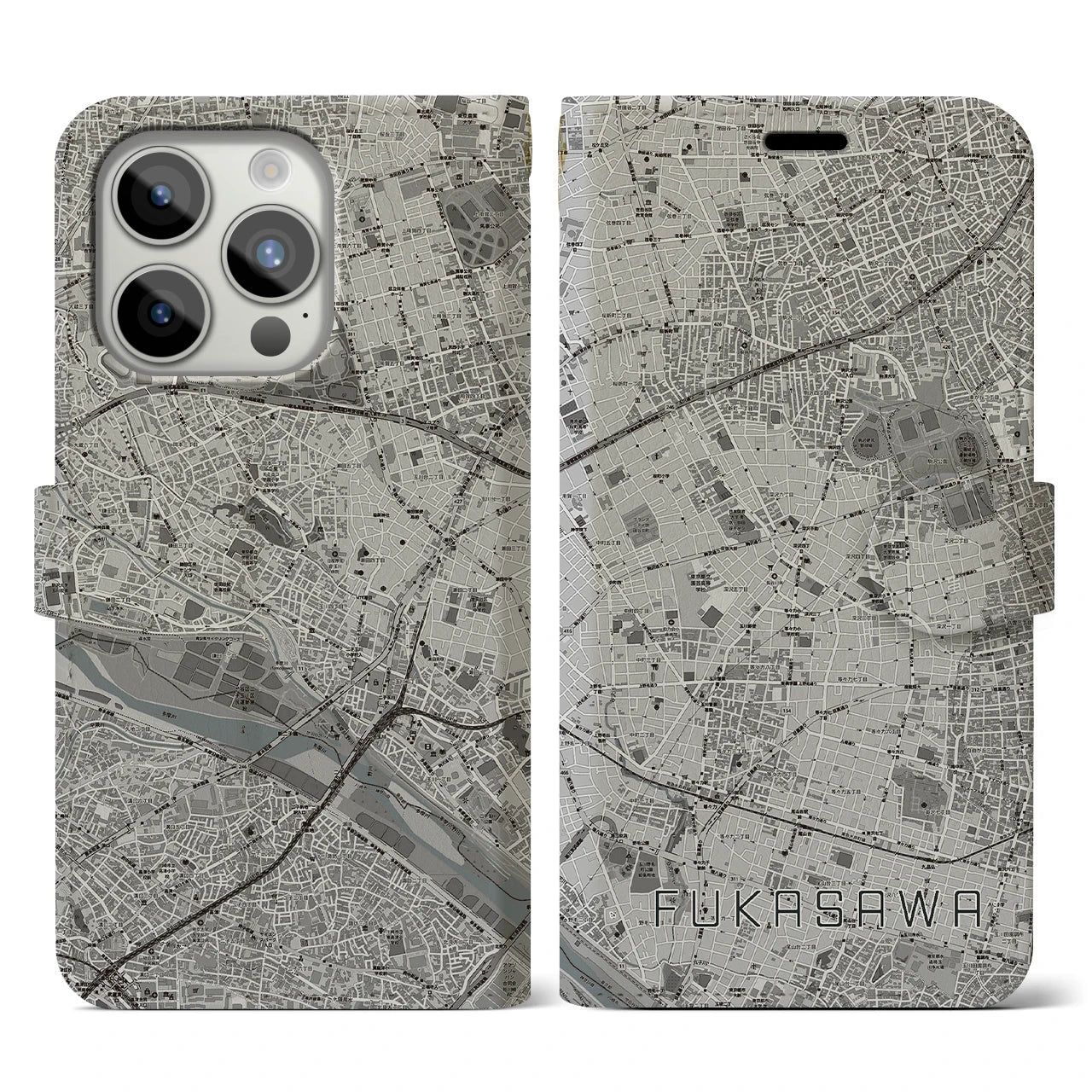 【深沢(東京都)】地図柄iPhoneケース(手帳タイプ)モノトーン・iPhone 15 Pro 用