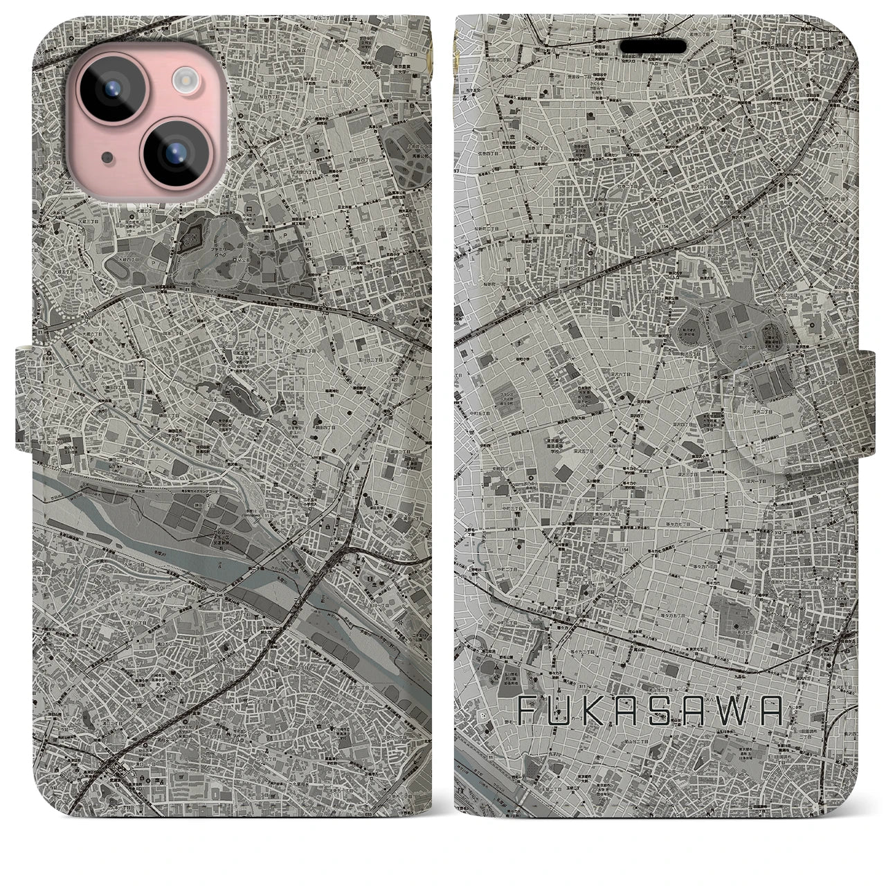 【深沢(東京都)】地図柄iPhoneケース(手帳タイプ)モノトーン・iPhone 15 Plus 用