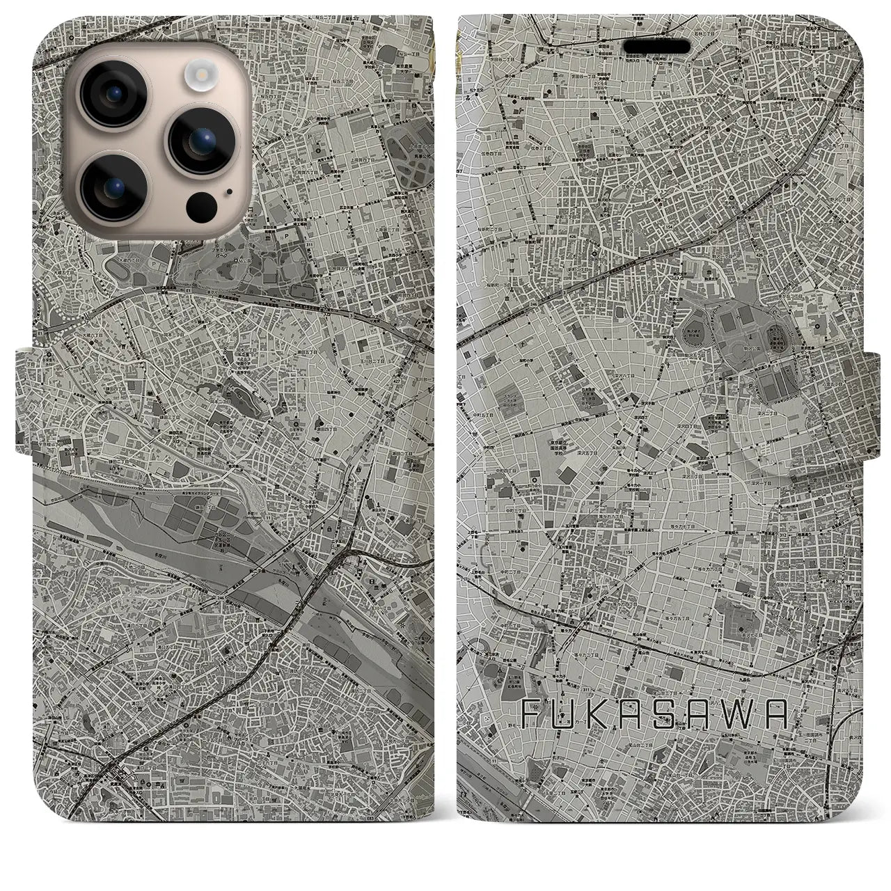 【深沢(東京都)】地図柄iPhoneケース(手帳タイプ)モノトーン・iPhone 16 Plus 用