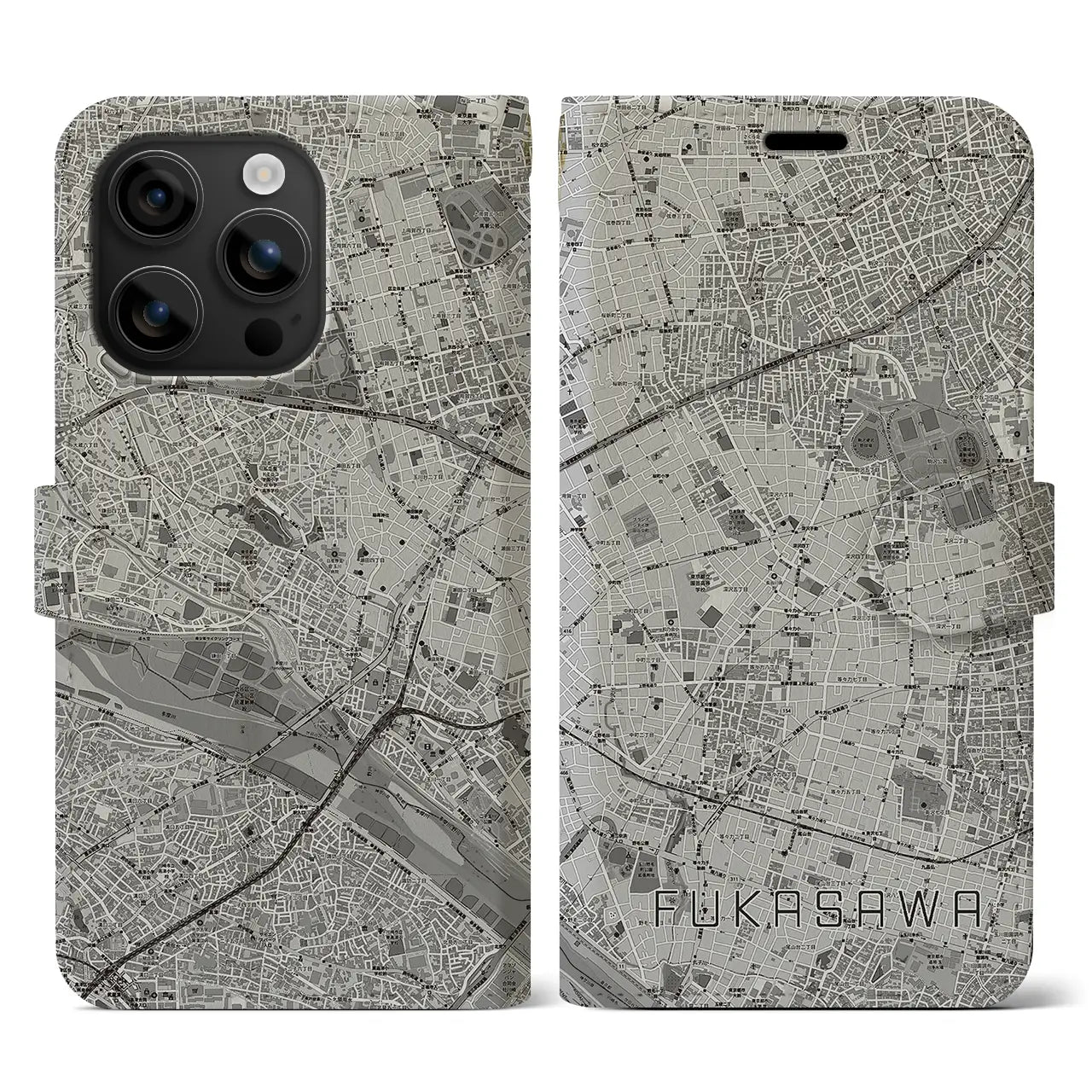 【深沢(東京都)】地図柄iPhoneケース(手帳タイプ)モノトーン・iPhone 16 用