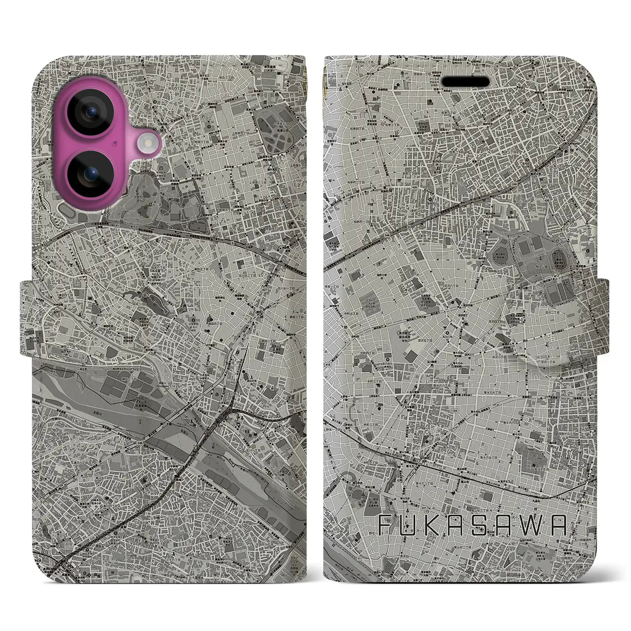 【深沢(東京都)】地図柄iPhoneケース(手帳タイプ)モノトーン・iPhone 16 Pro 用