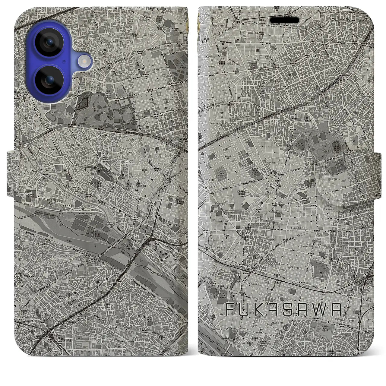 【深沢(東京都)】地図柄iPhoneケース(手帳タイプ)モノトーン・iPhone 16 Pro Max 用