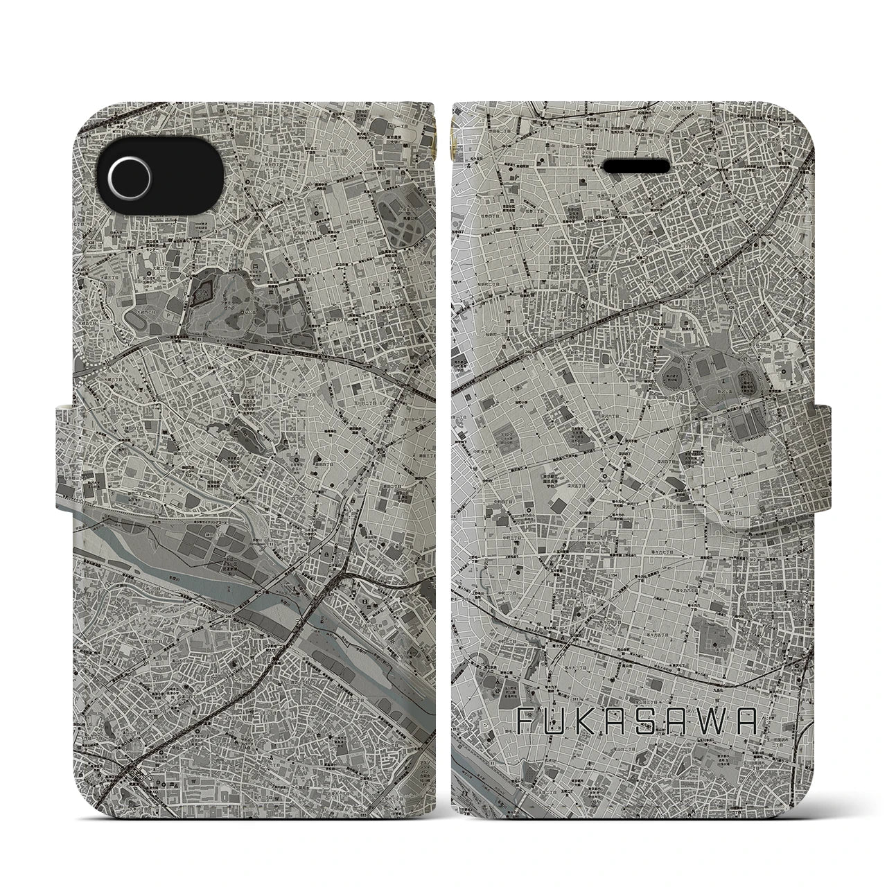 【深沢(東京都)】地図柄iPhoneケース(手帳タイプ)モノトーン・iPhone SE(第3 / 第2世代) / 8 / 7 / 6s / 6 用