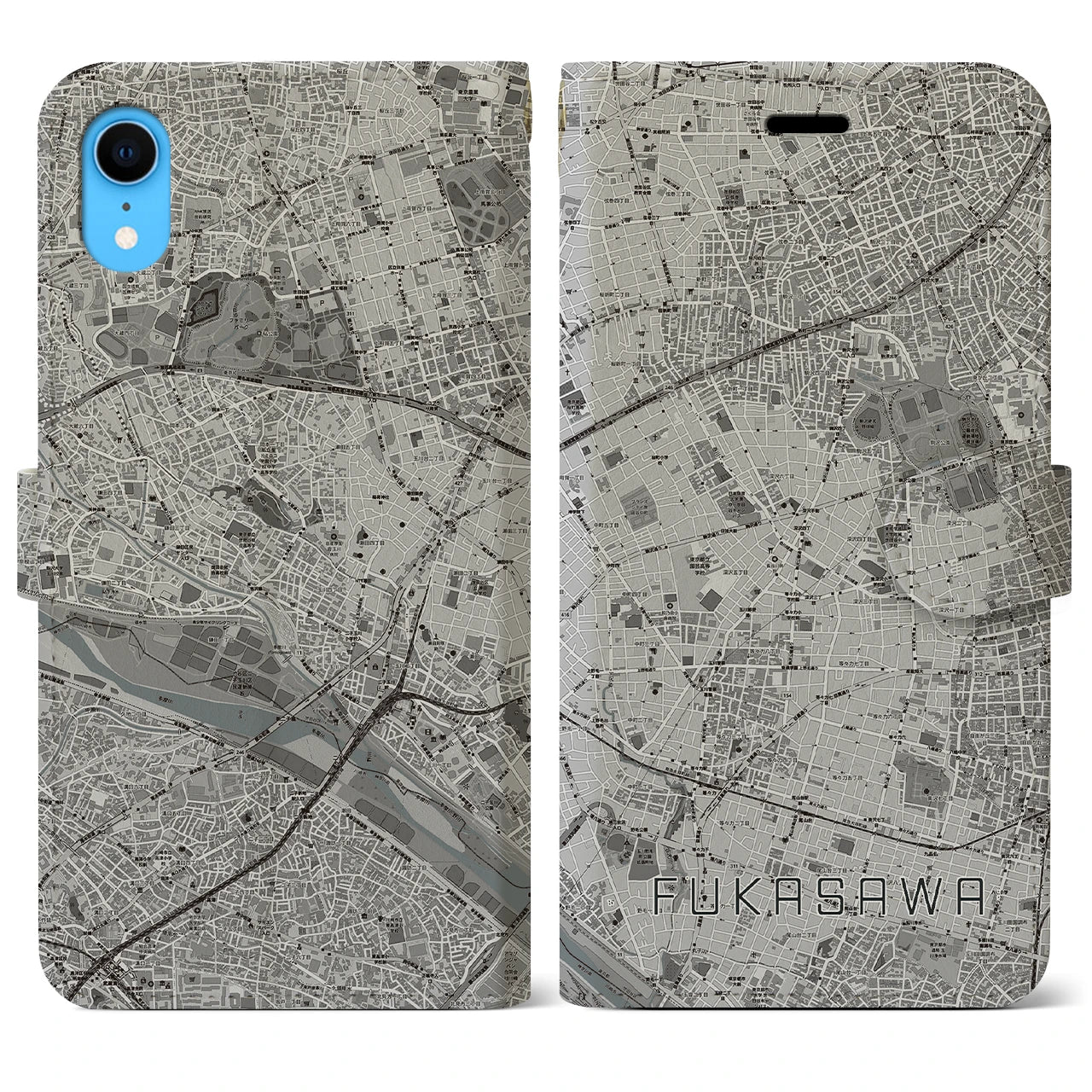 【深沢(東京都)】地図柄iPhoneケース(手帳タイプ)モノトーン・iPhone XR 用
