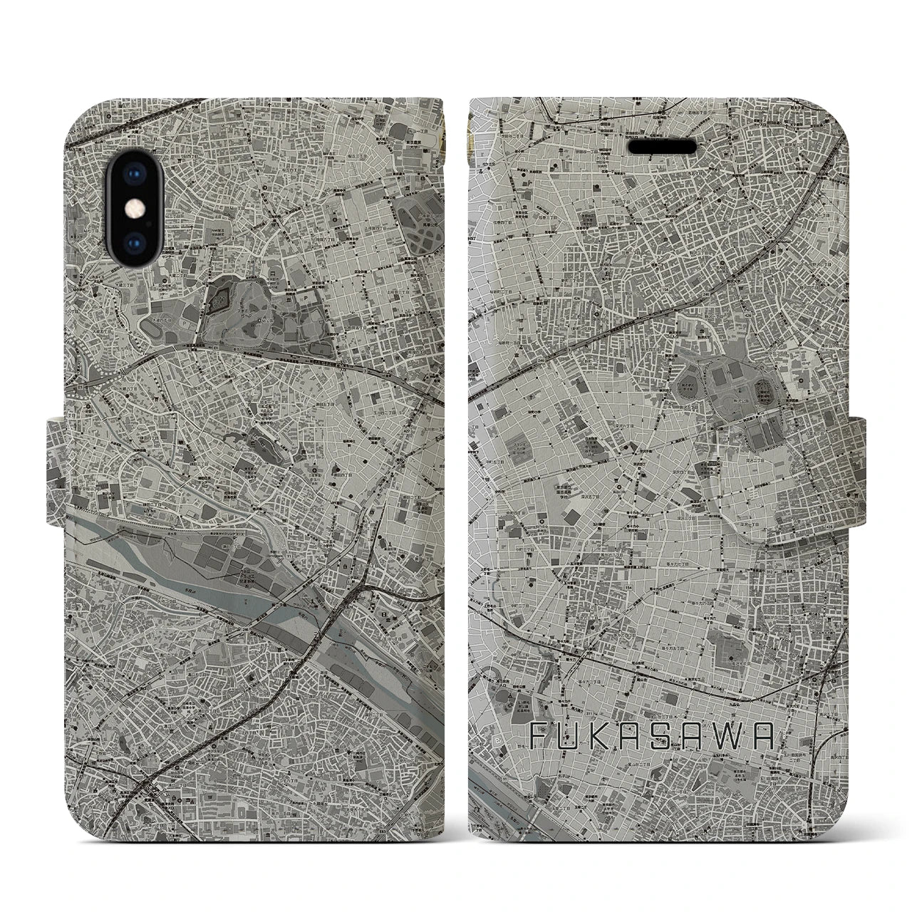 【深沢(東京都)】地図柄iPhoneケース(手帳タイプ)モノトーン・iPhone XS / X 用