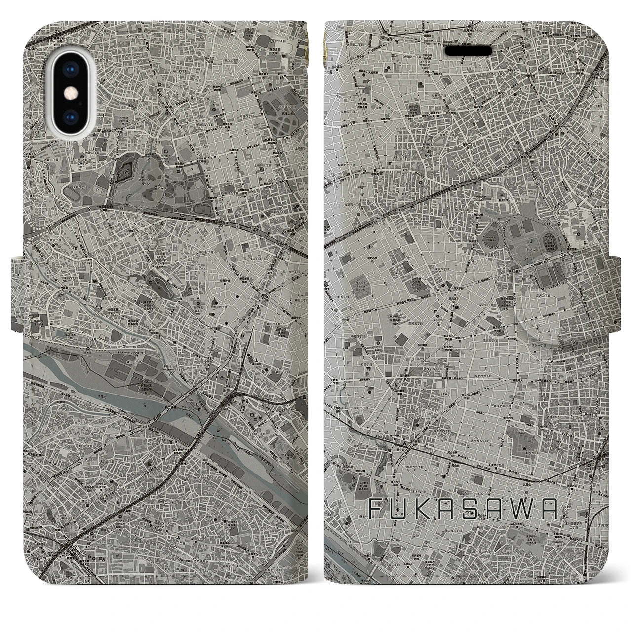 【深沢(東京都)】地図柄iPhoneケース(手帳タイプ)モノトーン・iPhone XS Max 用
