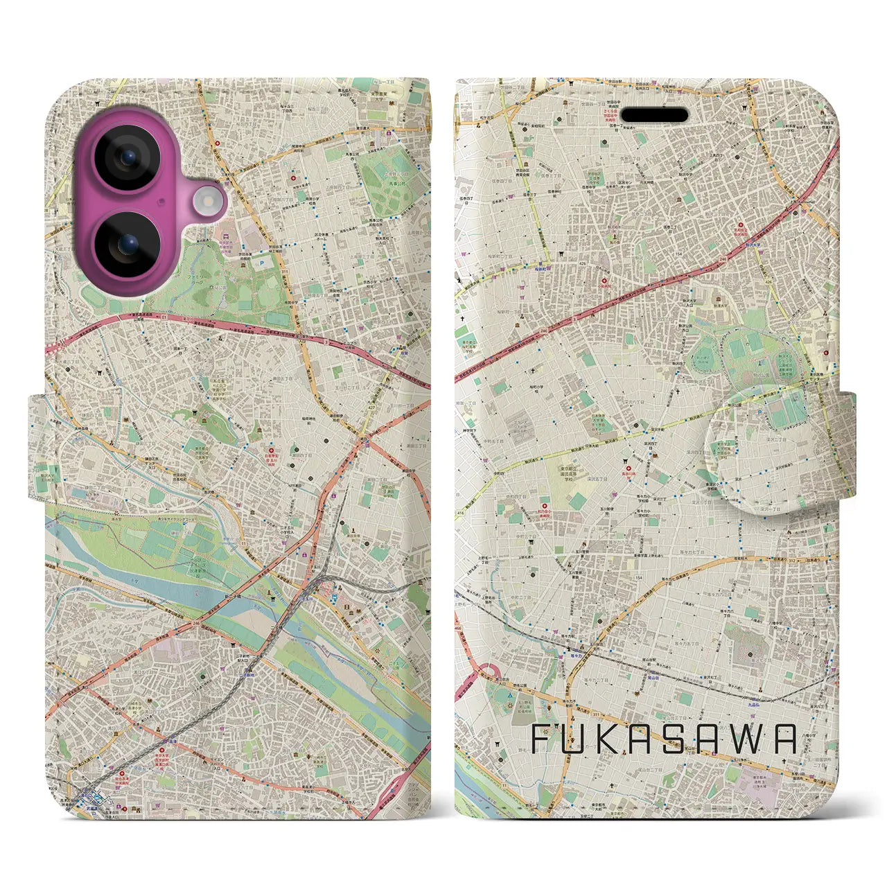 【深沢(東京都)】地図柄iPhoneケース(手帳タイプ)ナチュラル・iPhone 16 Pro 用