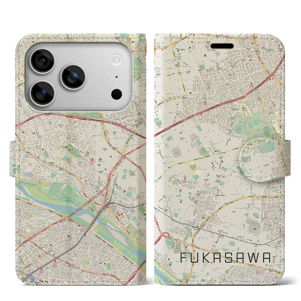 【深沢(東京都)】地図柄iPhoneケース(手帳タイプ)ナチュラル・iPhone 17 Pro Max 用