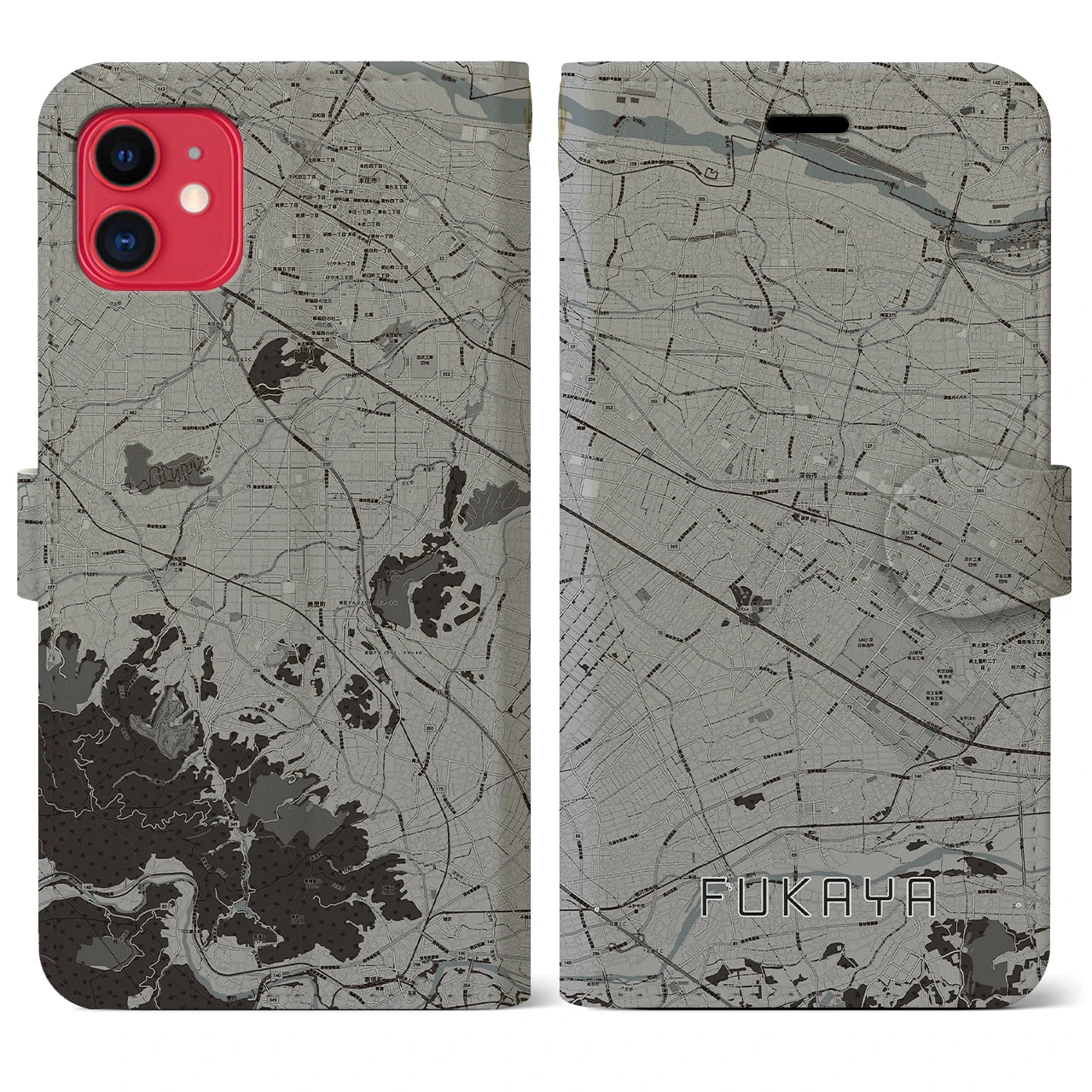 【深谷(埼玉県)】地図柄iPhoneケース(手帳タイプ)モノトーン・iPhone 11 用