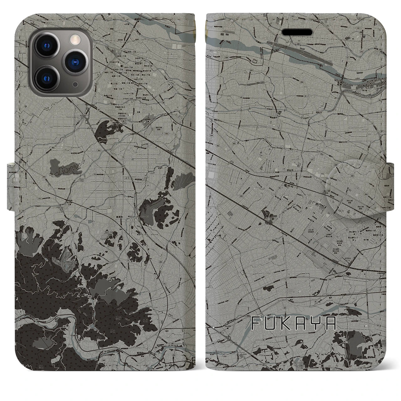 【深谷(埼玉県)】地図柄iPhoneケース(手帳タイプ)モノトーン・iPhone 11 Pro Max 用