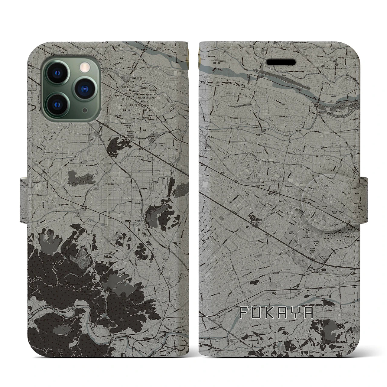 【深谷(埼玉県)】地図柄iPhoneケース(手帳タイプ)モノトーン・iPhone 11 Pro 用