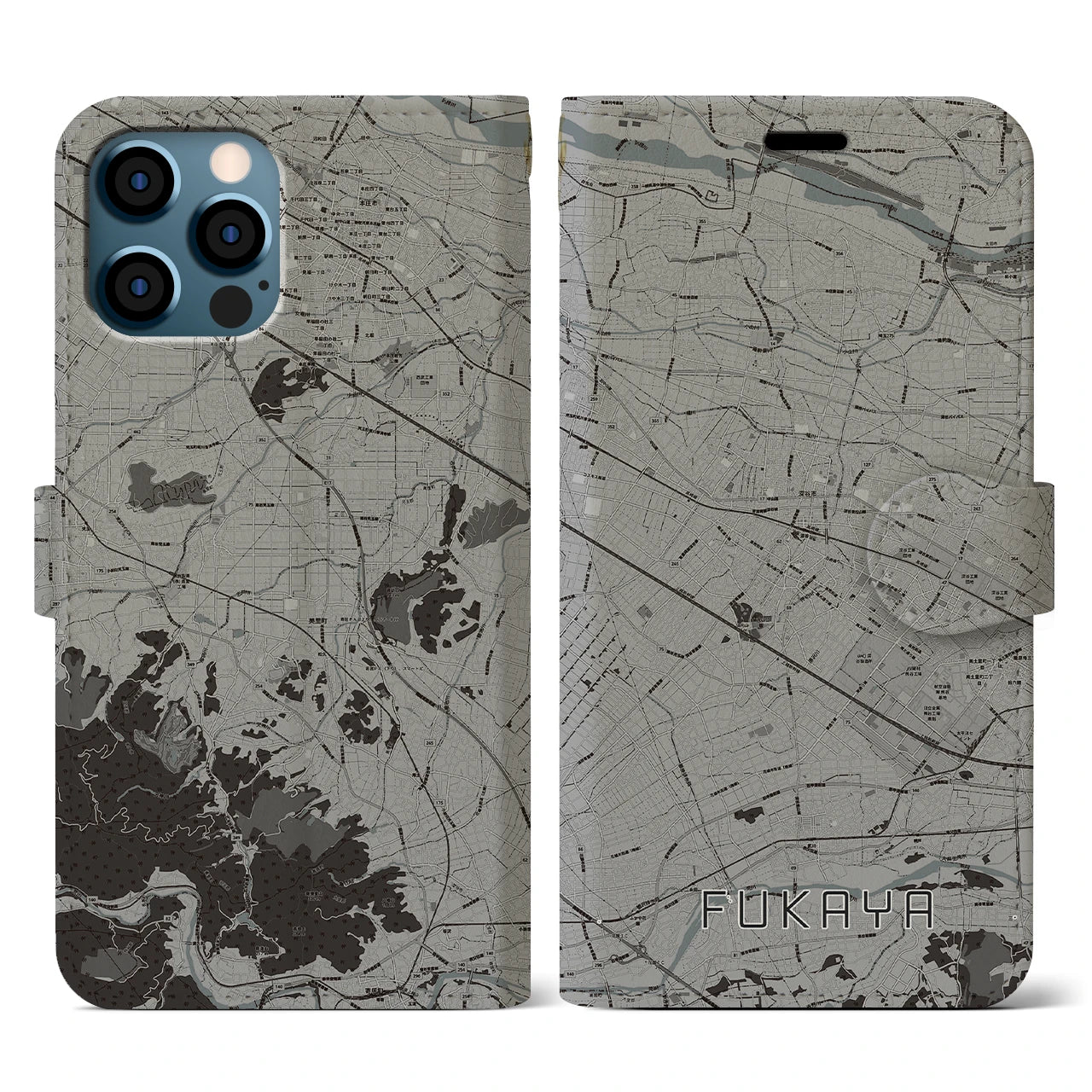 【深谷(埼玉県)】地図柄iPhoneケース(手帳タイプ)モノトーン・iPhone 12 / 12 Pro 用