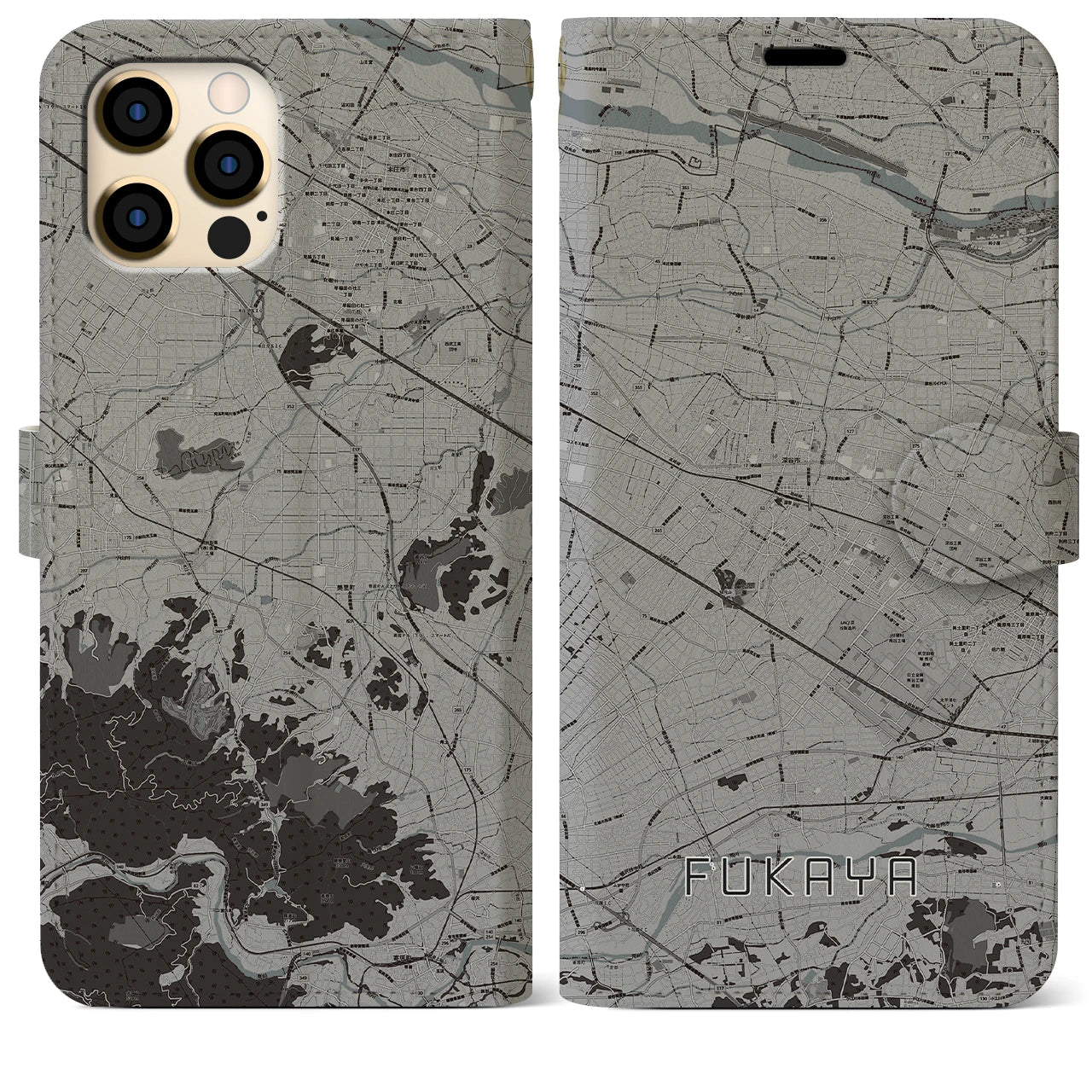 【深谷(埼玉県)】地図柄iPhoneケース(手帳タイプ)モノトーン・iPhone 12 Pro Max 用