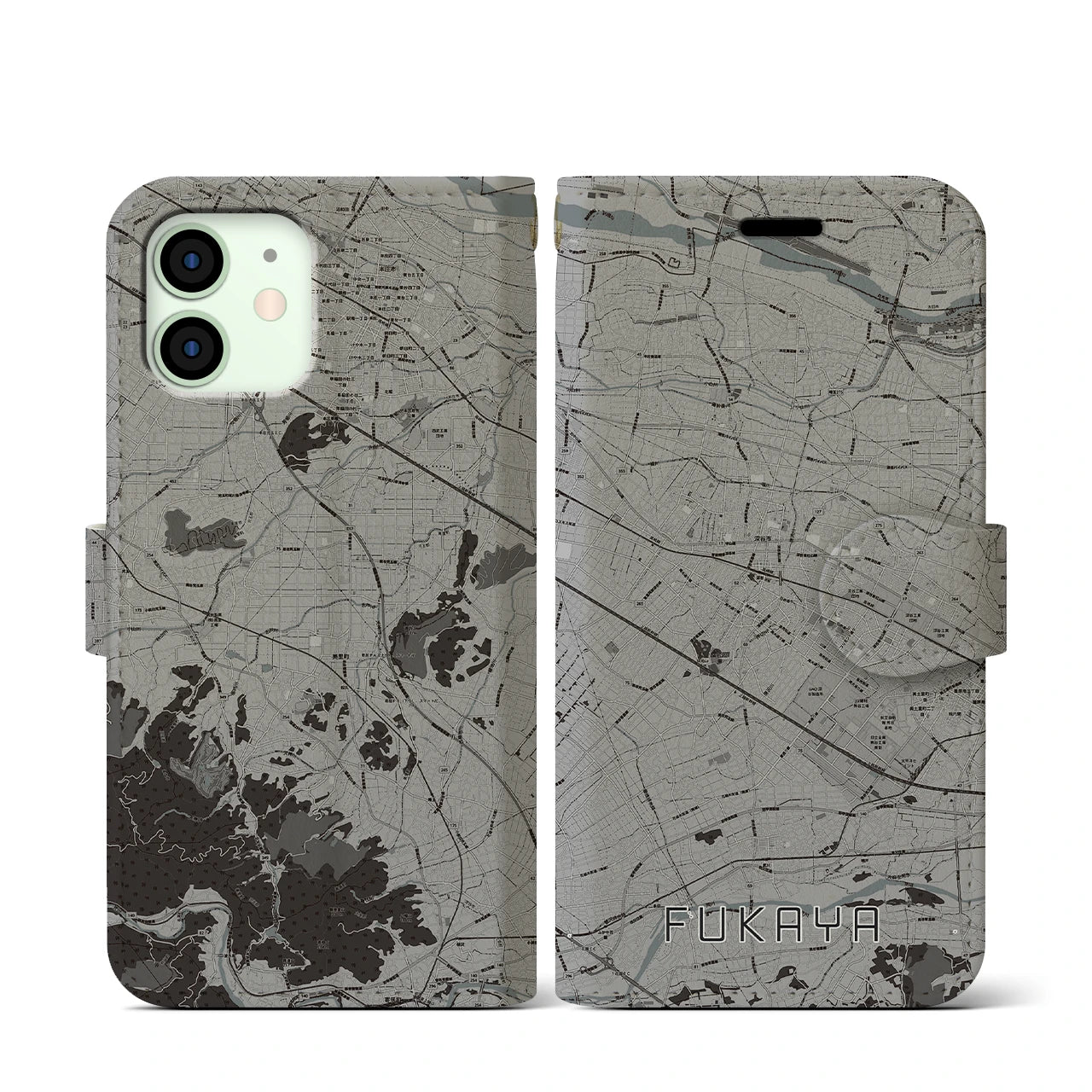 【深谷(埼玉県)】地図柄iPhoneケース(手帳タイプ)モノトーン・iPhone 12 mini 用
