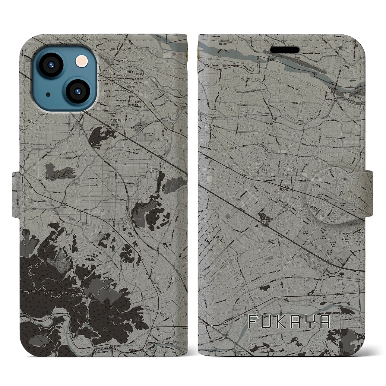 【深谷(埼玉県)】地図柄iPhoneケース(手帳タイプ)モノトーン・iPhone 13 用