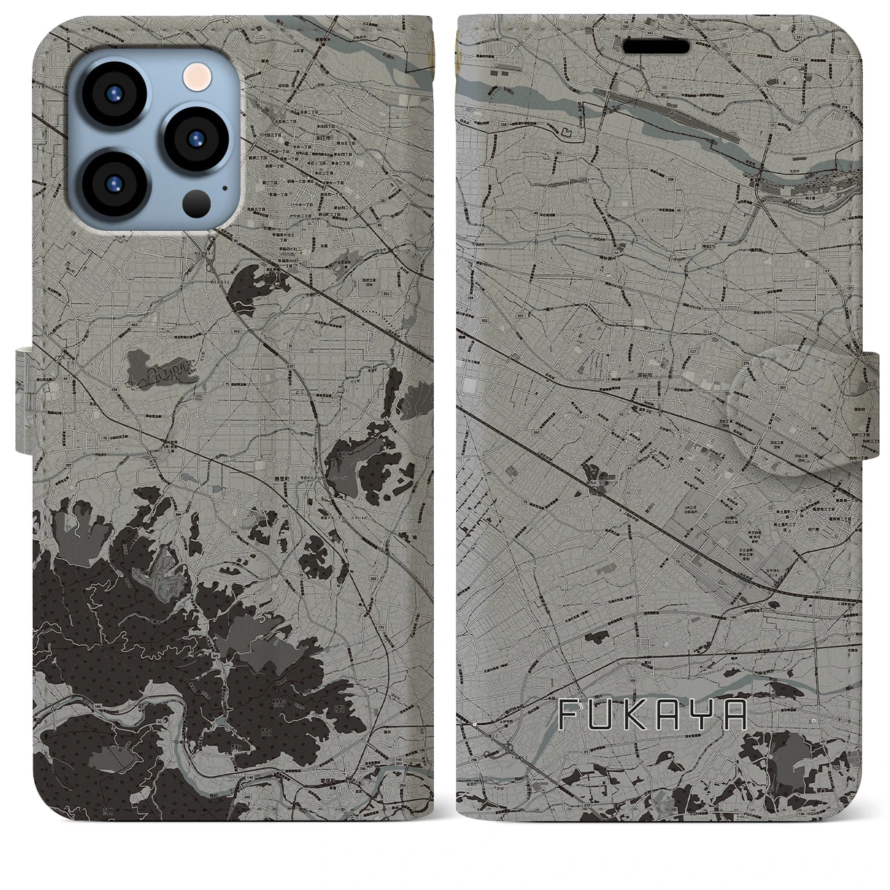 【深谷(埼玉県)】地図柄iPhoneケース(手帳タイプ)モノトーン・iPhone 13 Pro Max 用
