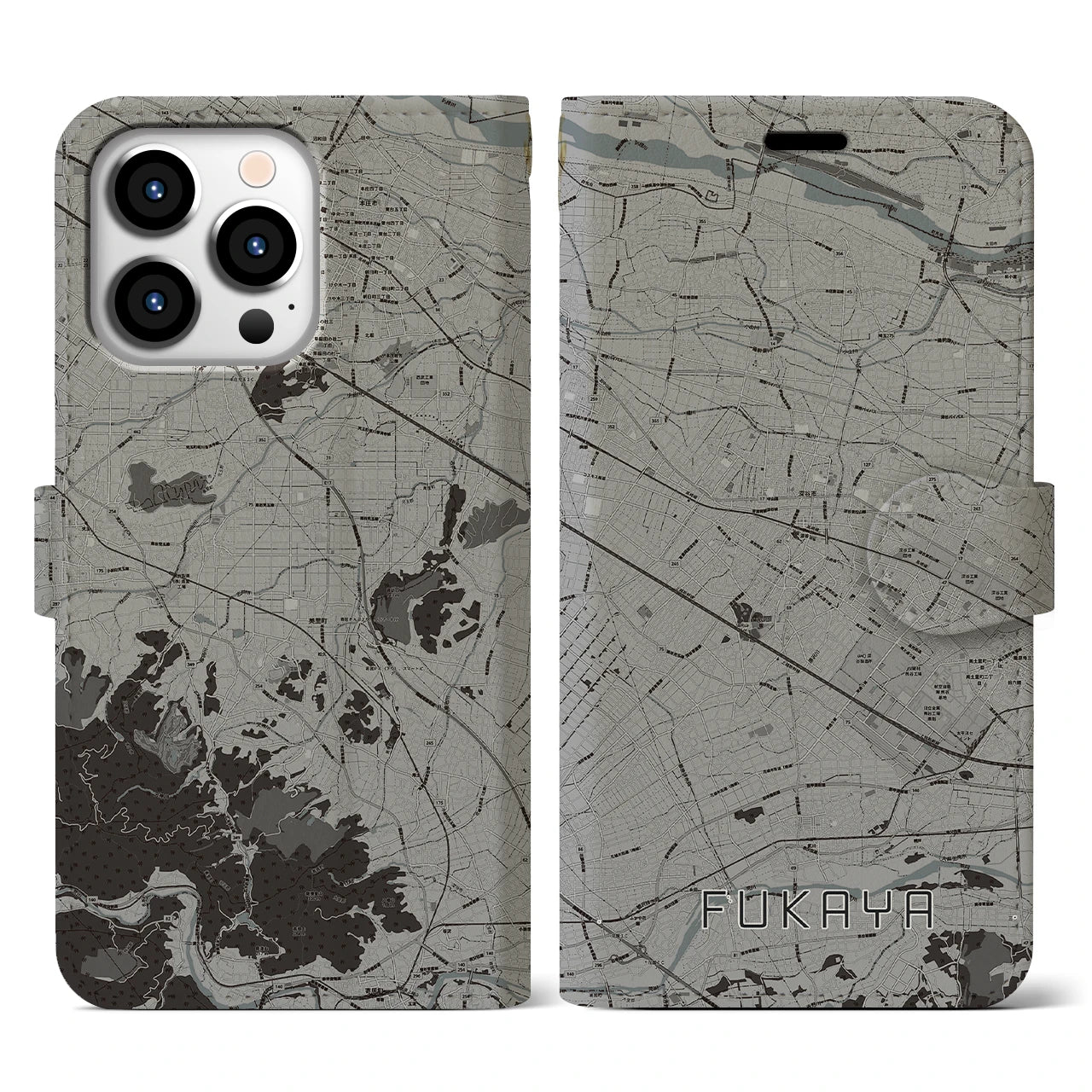 【深谷(埼玉県)】地図柄iPhoneケース(手帳タイプ)モノトーン・iPhone 13 Pro 用