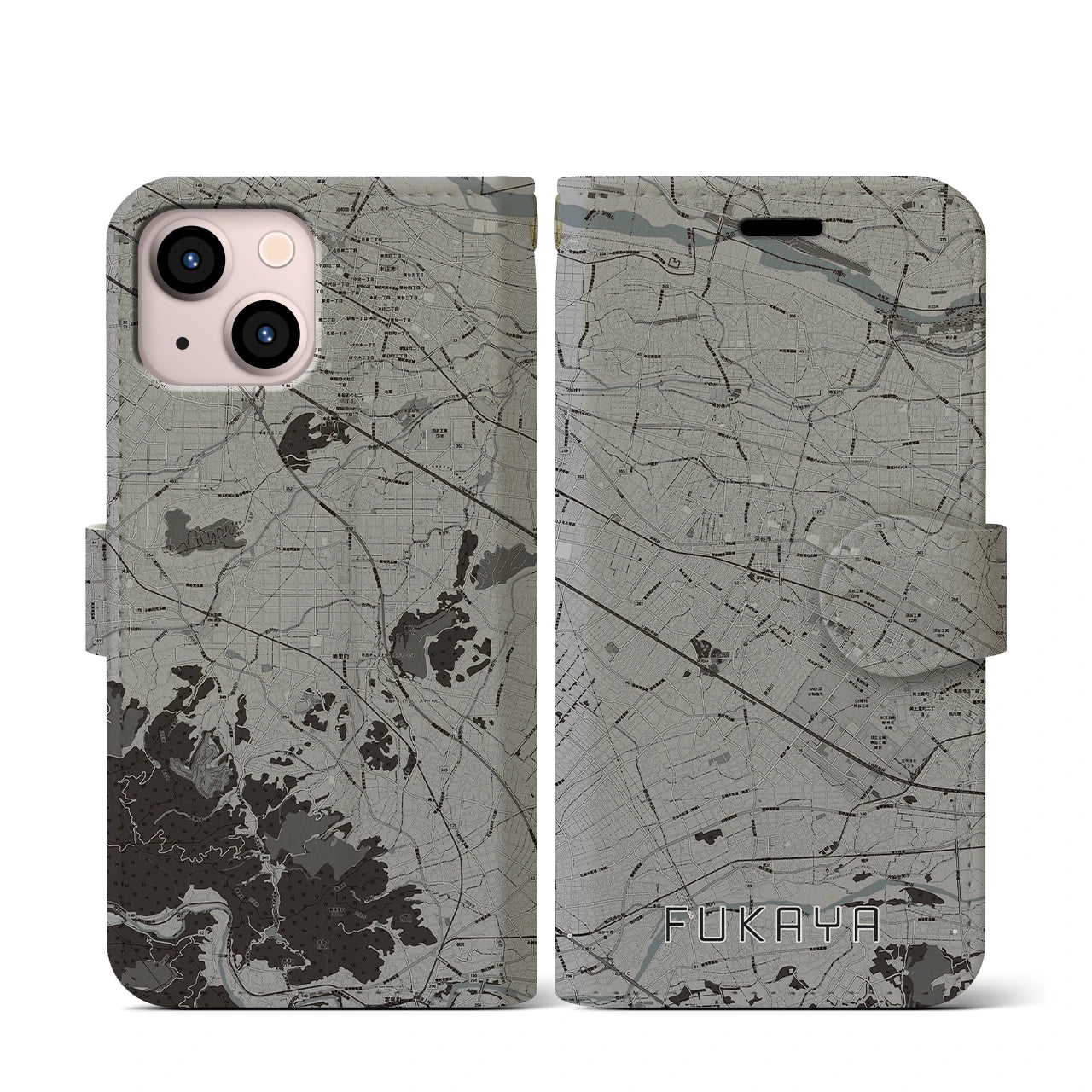 【深谷(埼玉県)】地図柄iPhoneケース(手帳タイプ)モノトーン・iPhone 13 mini 用