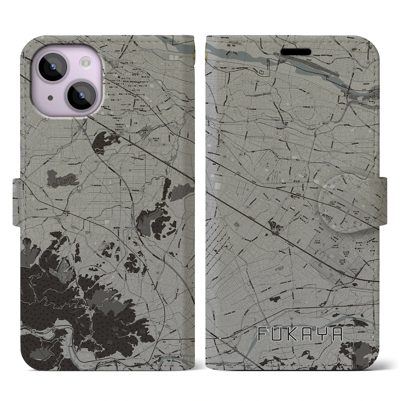 【深谷(埼玉県)】地図柄iPhoneケース(手帳タイプ)モノトーン・iPhone 14 用