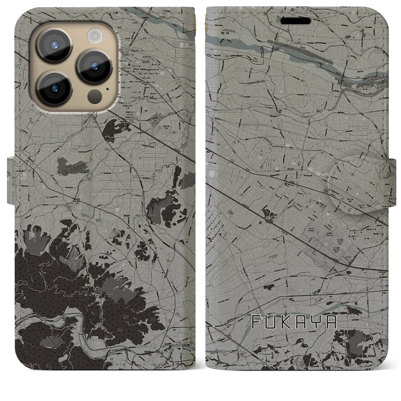 【深谷(埼玉県)】地図柄iPhoneケース(手帳タイプ)モノトーン・iPhone 14 Pro Max 用