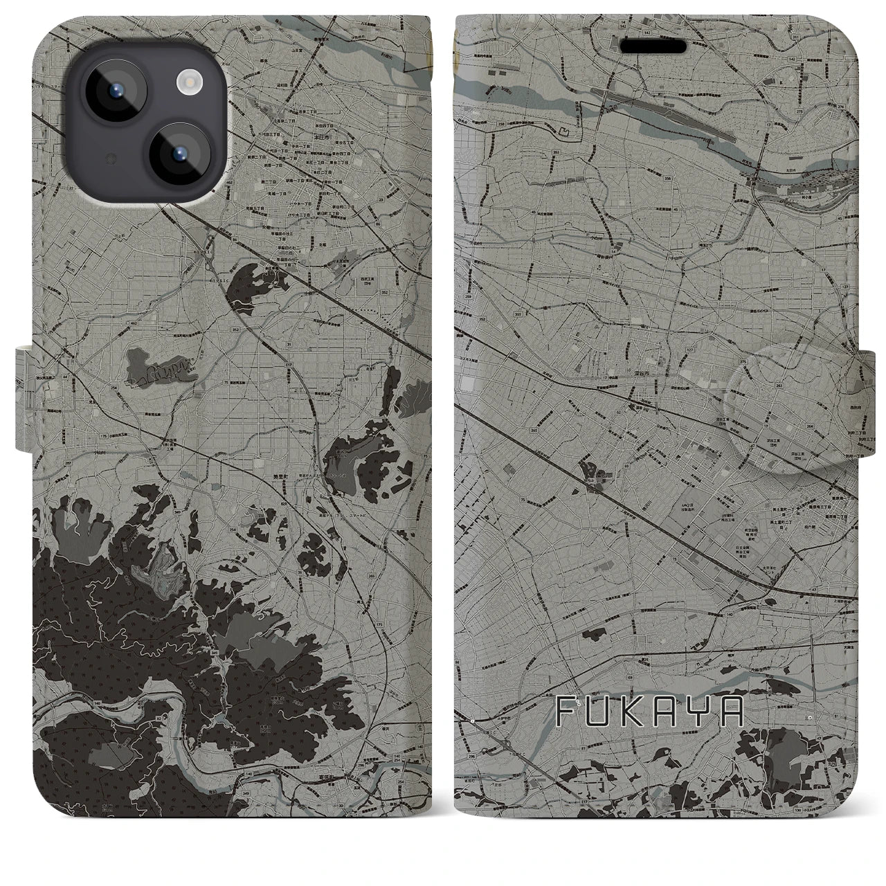 【深谷(埼玉県)】地図柄iPhoneケース(手帳タイプ)モノトーン・iPhone 14 Plus 用