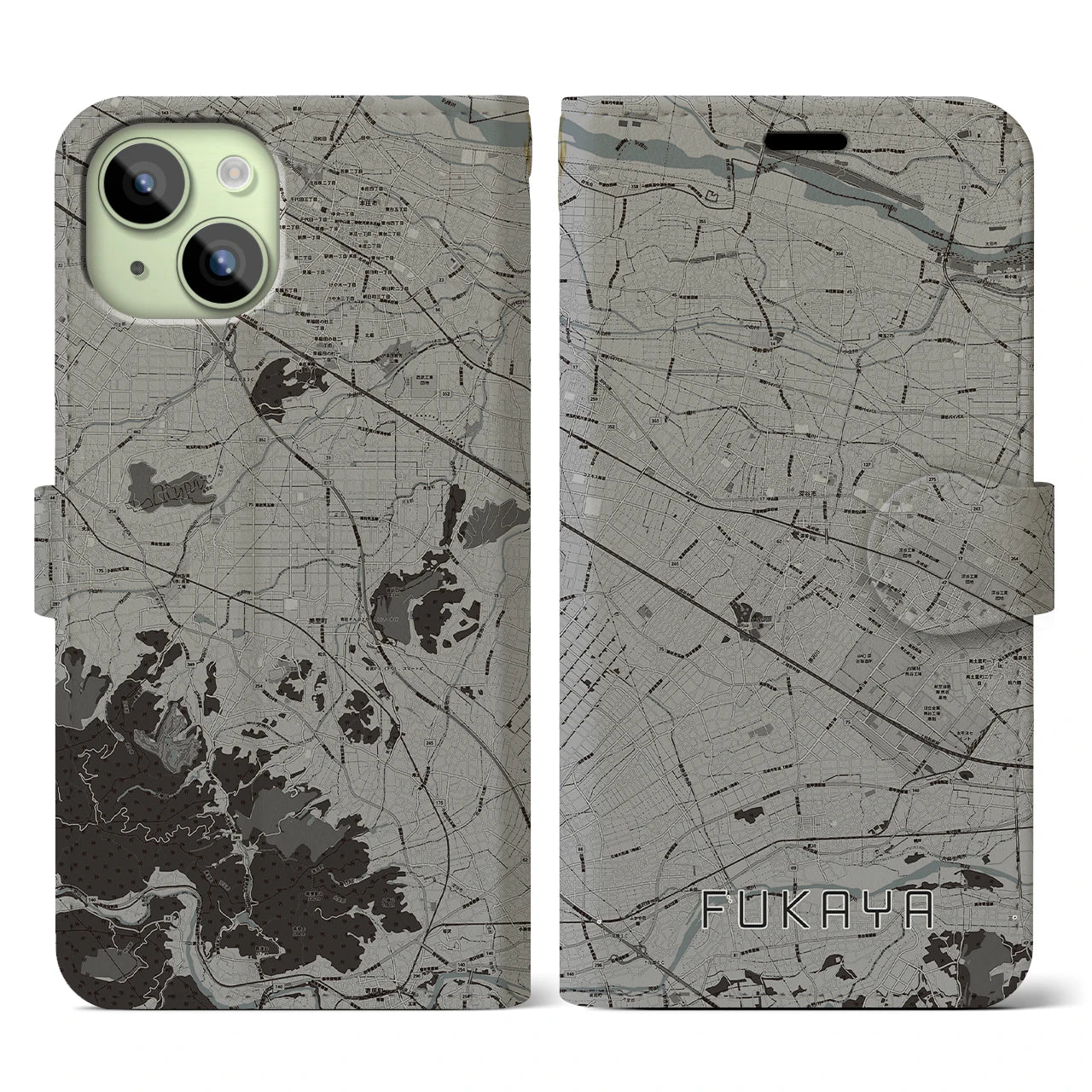 【深谷(埼玉県)】地図柄iPhoneケース(手帳タイプ)モノトーン・iPhone 15 用