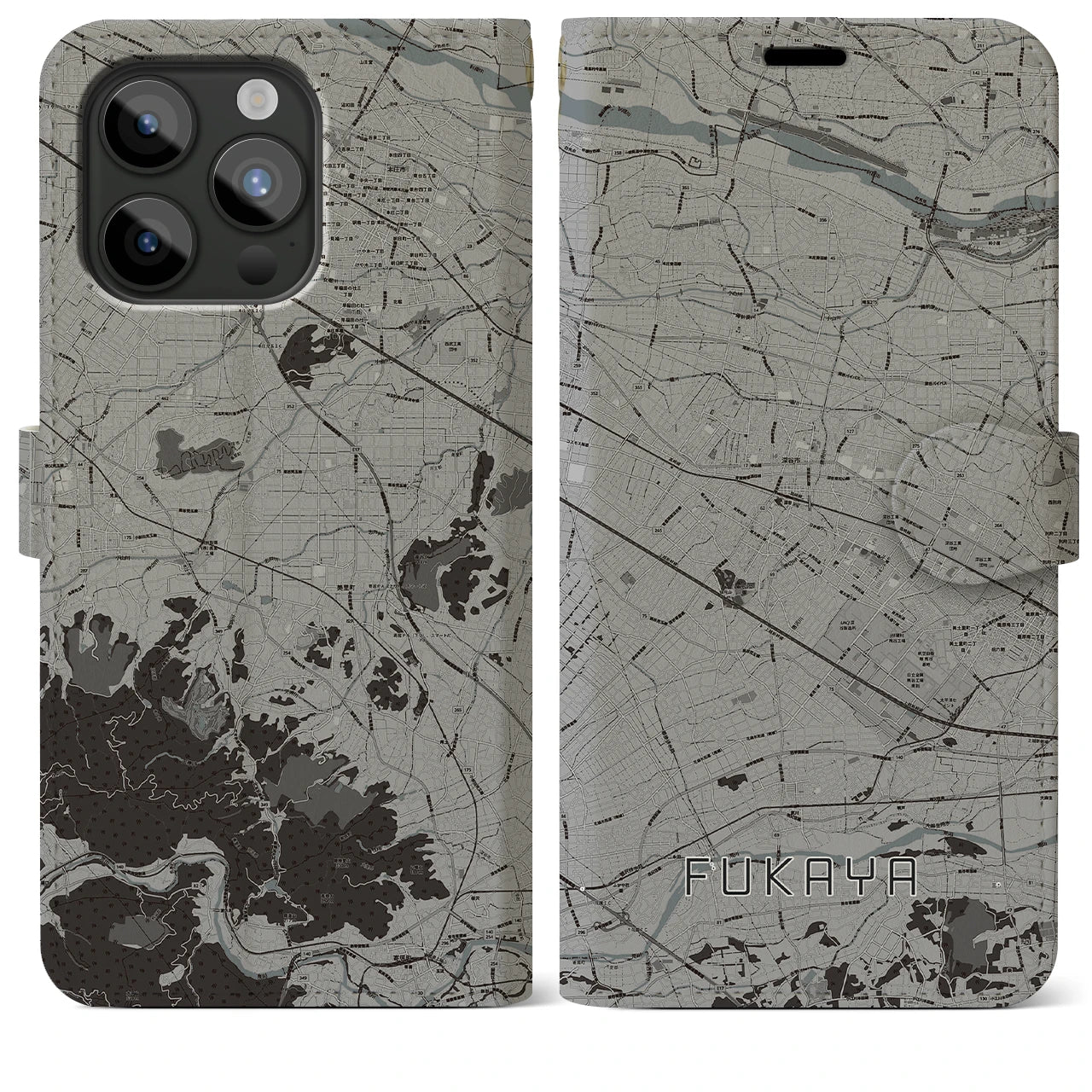 【深谷(埼玉県)】地図柄iPhoneケース(手帳タイプ)モノトーン・iPhone 15 Pro Max 用