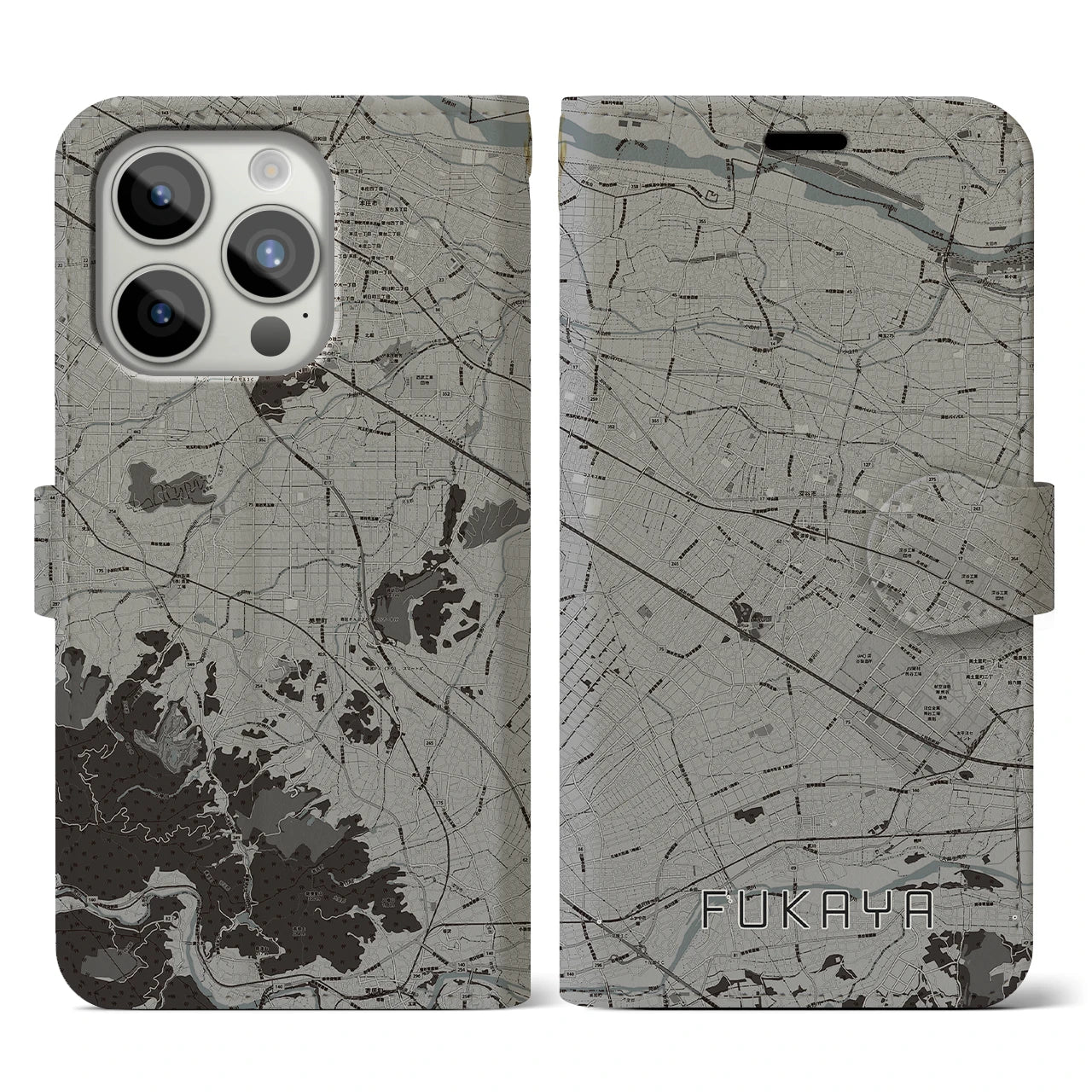 【深谷(埼玉県)】地図柄iPhoneケース(手帳タイプ)モノトーン・iPhone 15 Pro 用
