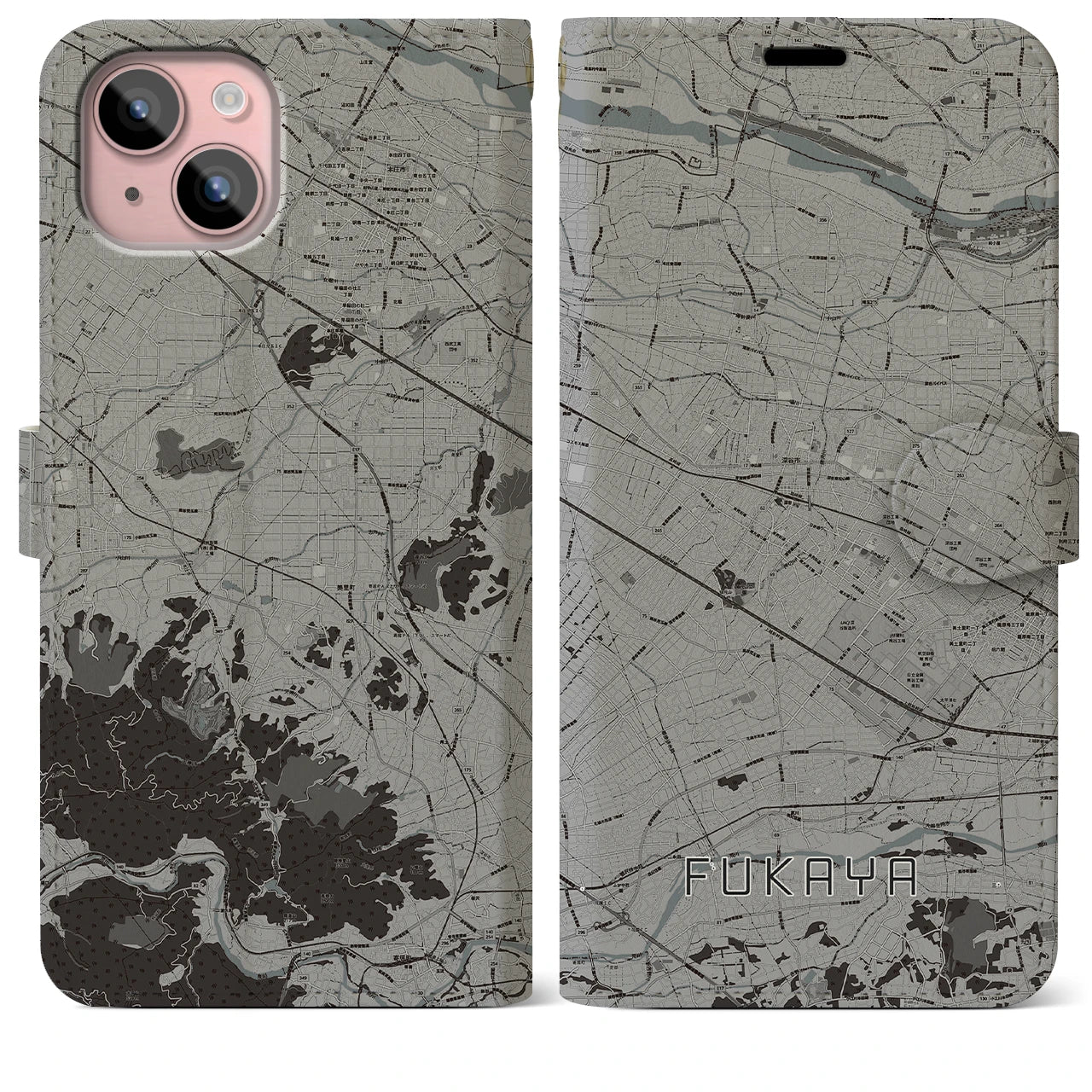 【深谷(埼玉県)】地図柄iPhoneケース(手帳タイプ)モノトーン・iPhone 15 Plus 用